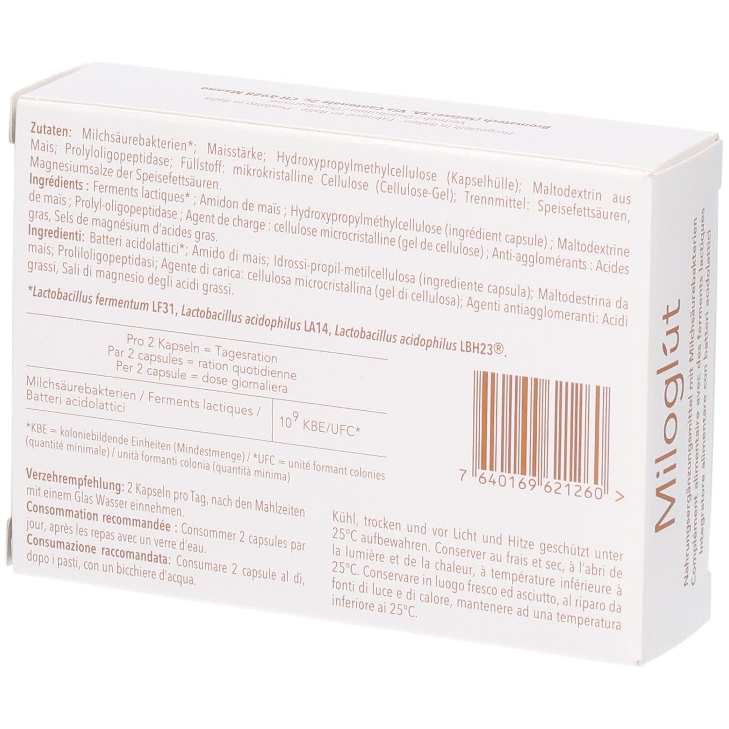 Miloglut Kapseln: Rückseite der Packung mit Zutatenliste und Anwendungshinweisen.