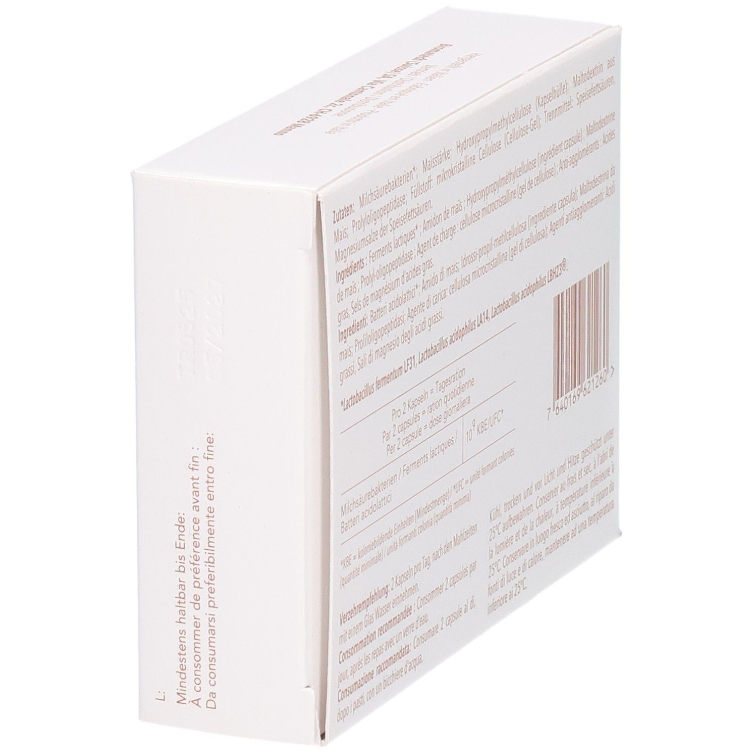 Miloglut Kapseln: Seitenansicht der Packung mit 30 Kapseln, detaillierte Produktinformationen.