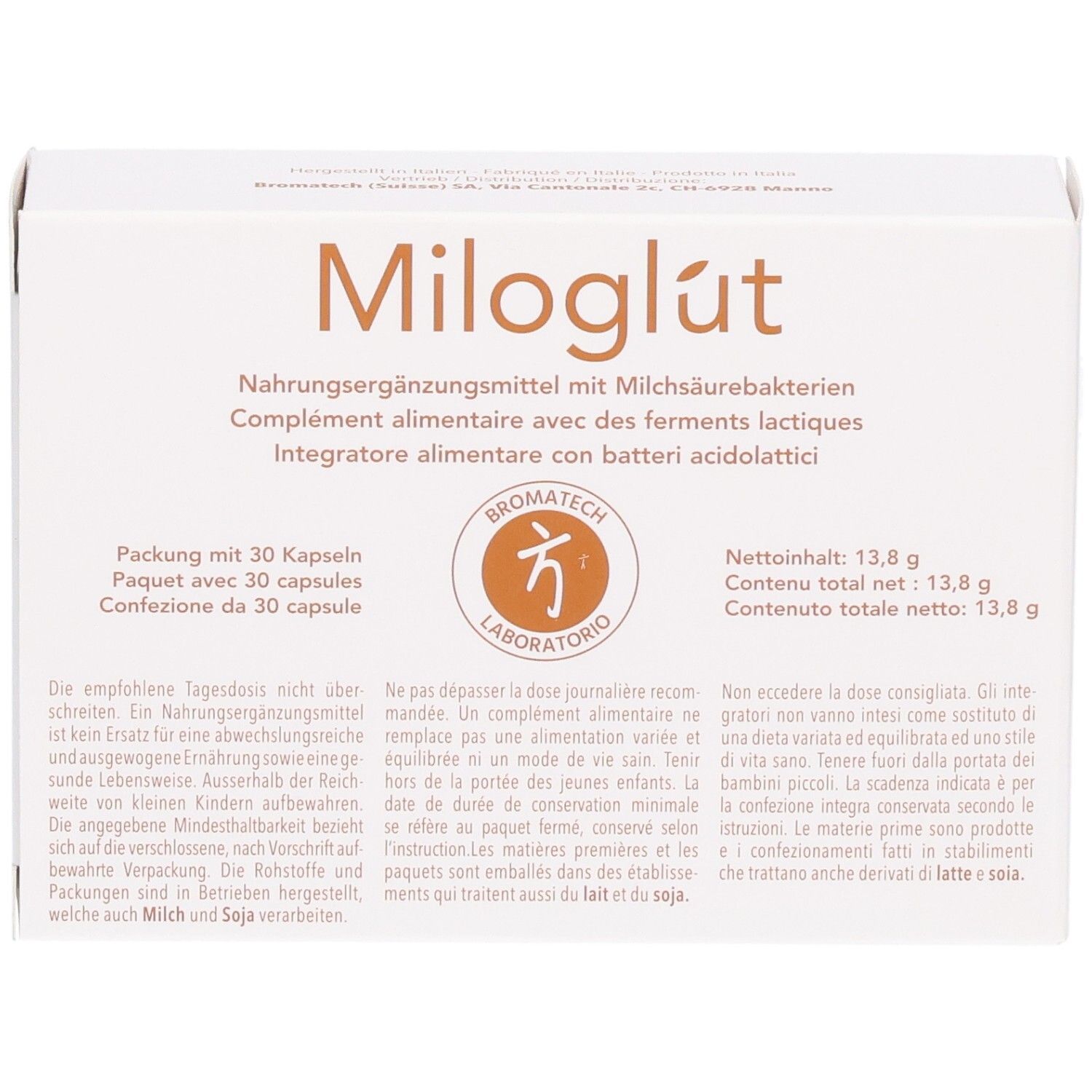 Miloglut Kapseln: Vorderseite der Packung mit 30 Kapseln, Nahrungsergänzungsmittel mit Milchsäurebakterien.