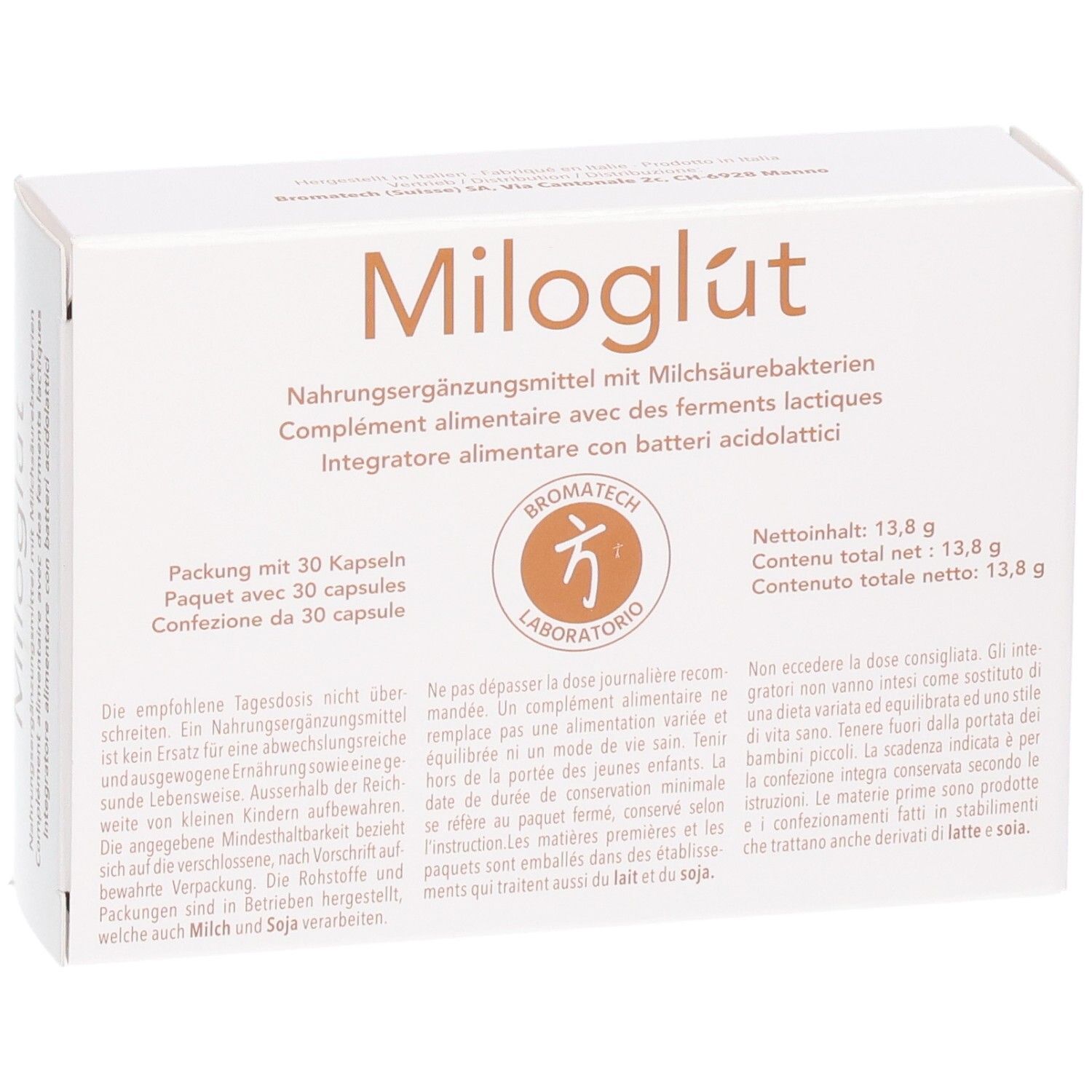 Miloglut Kapseln: Packung mit 30 Kapseln, enthält Milchsäurebakterien, Nettoinhalt 13,8 g.