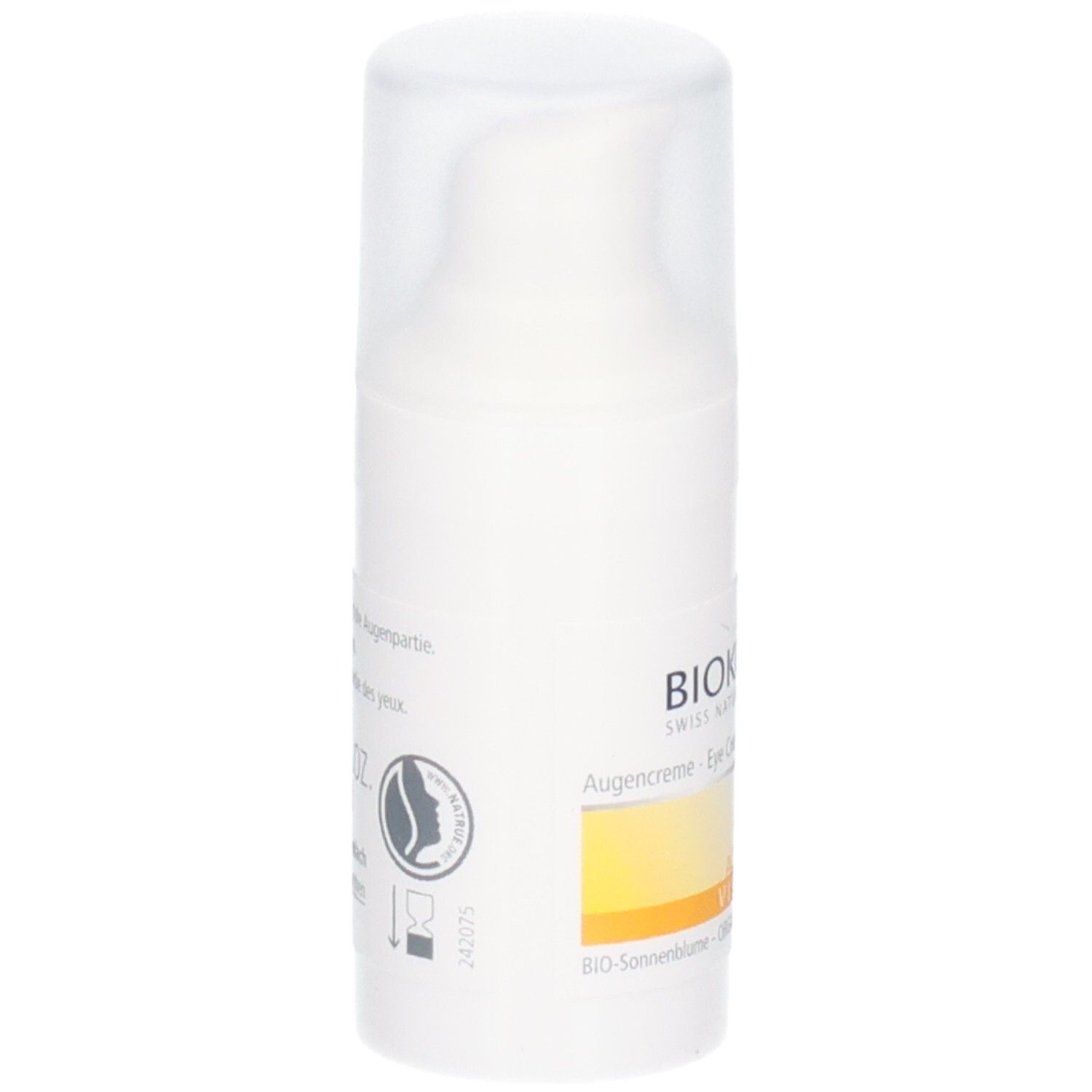 Dos du flacon de crème contour des yeux BIOKOSMA avec informations produit et sceaux.