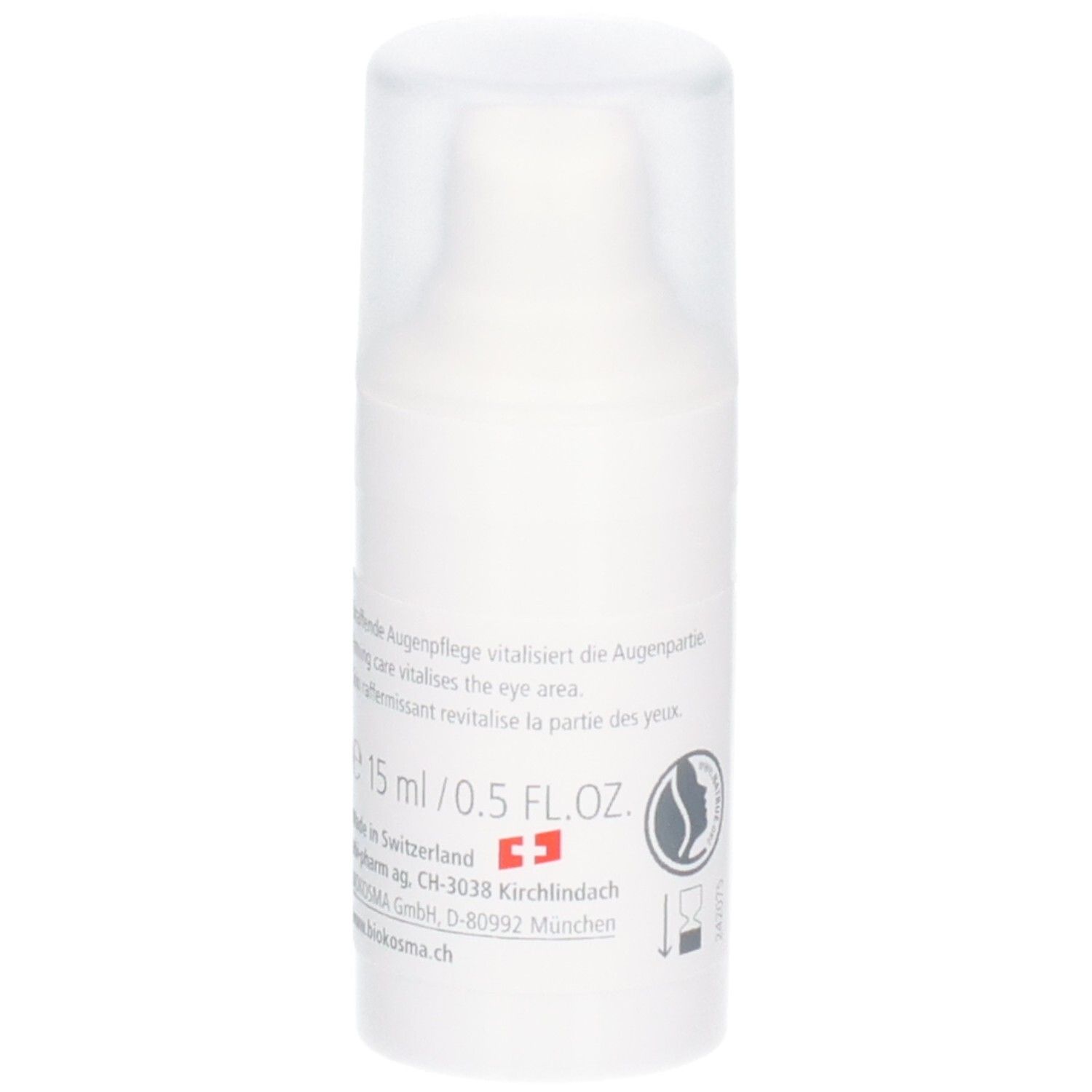 Base du flacon de crème contour des yeux BIOKOSMA avec quantité et origine.