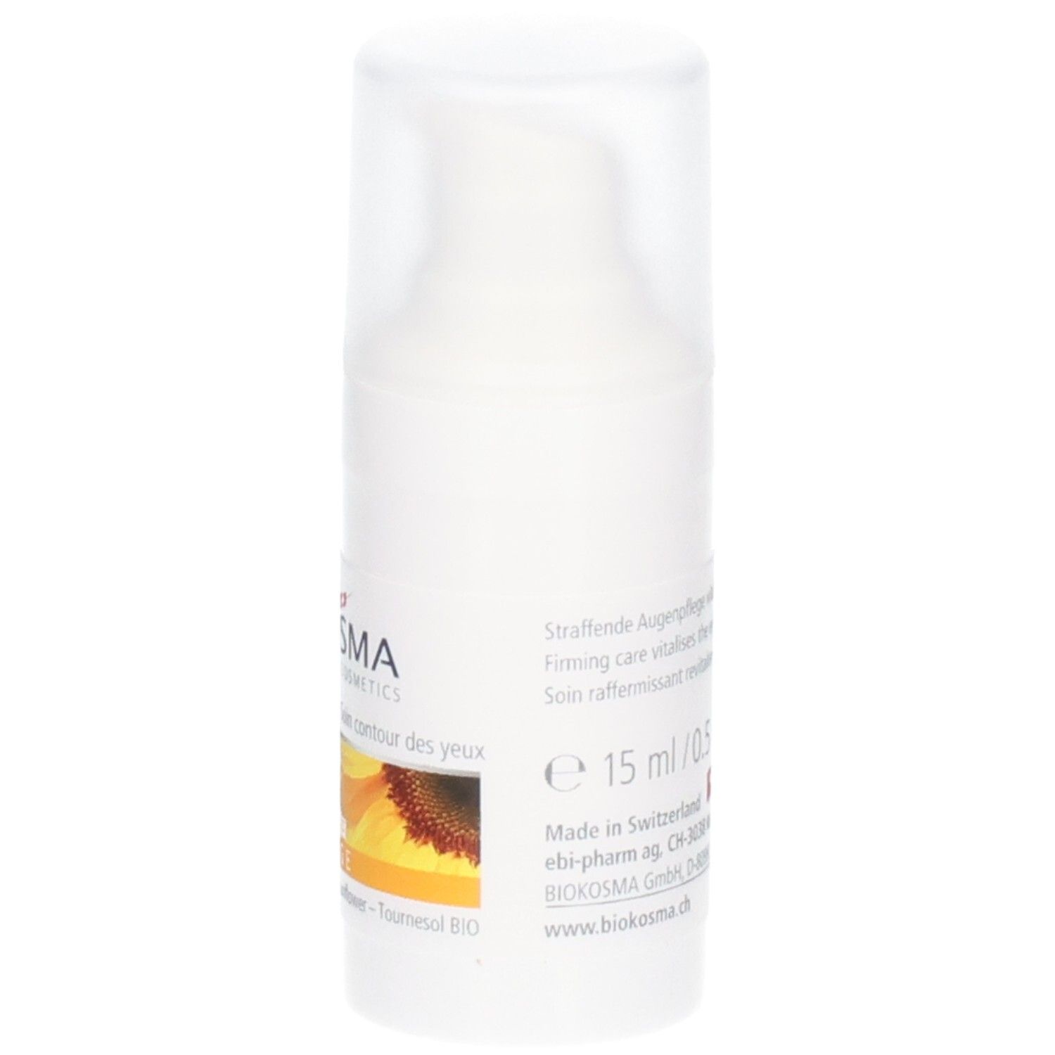 Côté du flacon de crème contour des yeux BIOKOSMA avec texte et détail tournesol.