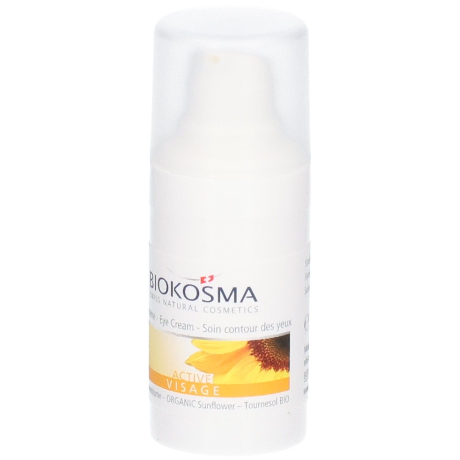 Crème contour des yeux BIOKOSMA Active Visage, flacon pompe avec motif tournesol.