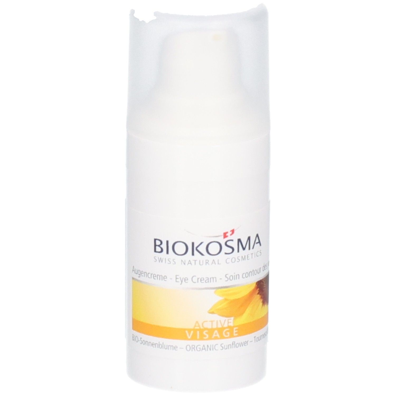 Crème contour des yeux BIOKOSMA Active Visage, flacon pompe avec motif tournesol.