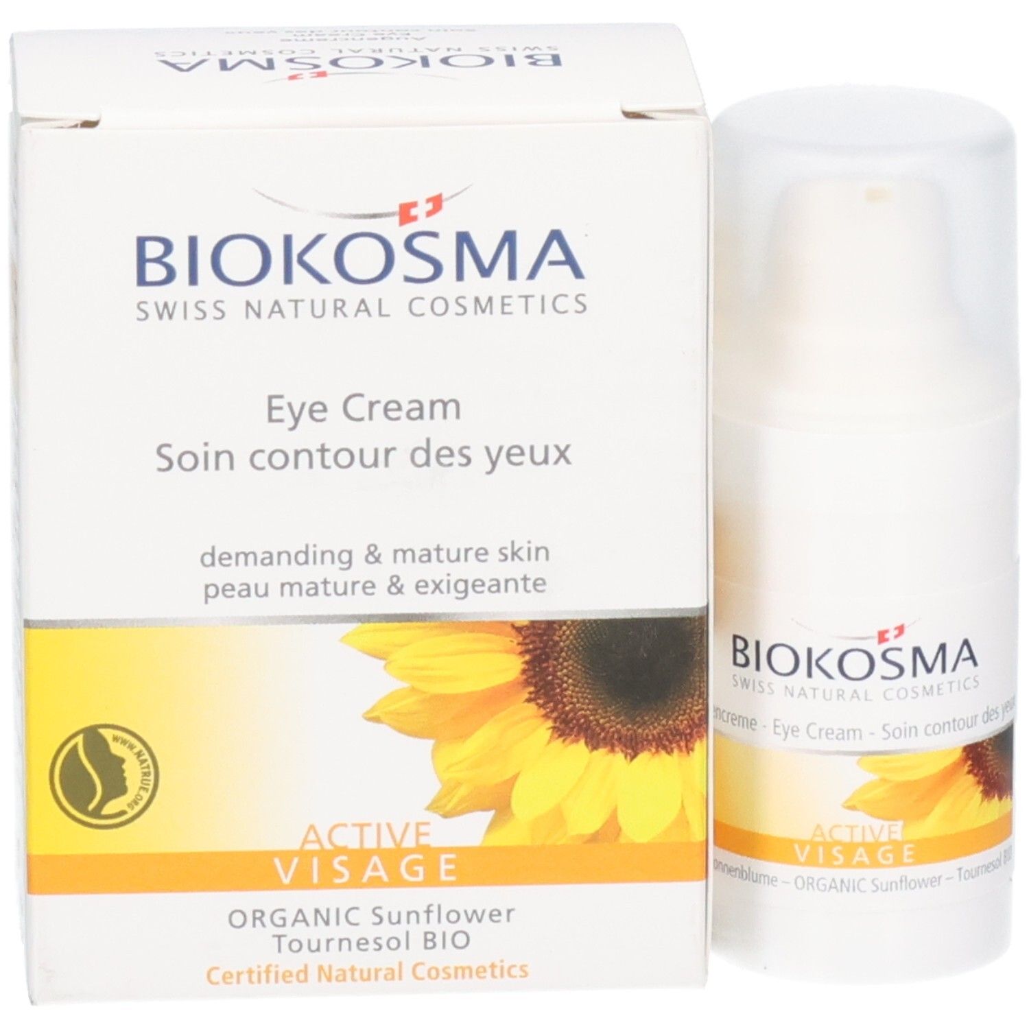 Flacon et boîte de crème contour des yeux BIOKOSMA avec design tournesol.