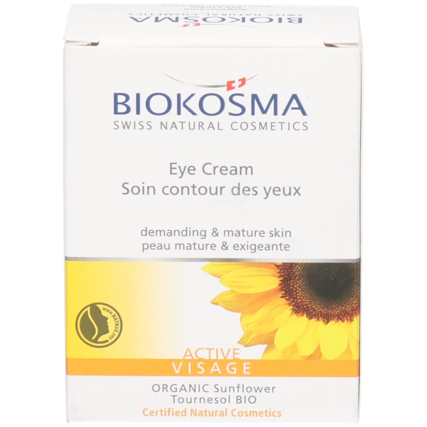 Boîte de crème contour des yeux BIOKOSMA avec design tournesol et sceaux.