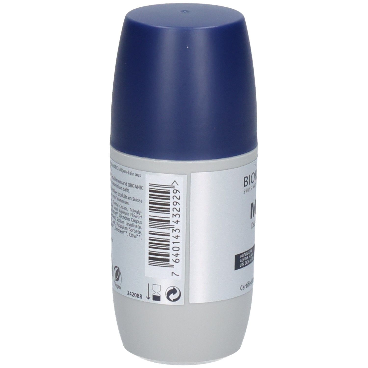 Dos du BIOKOSMA MEN Deo-Roll-On avec ingrédients et code-barres.