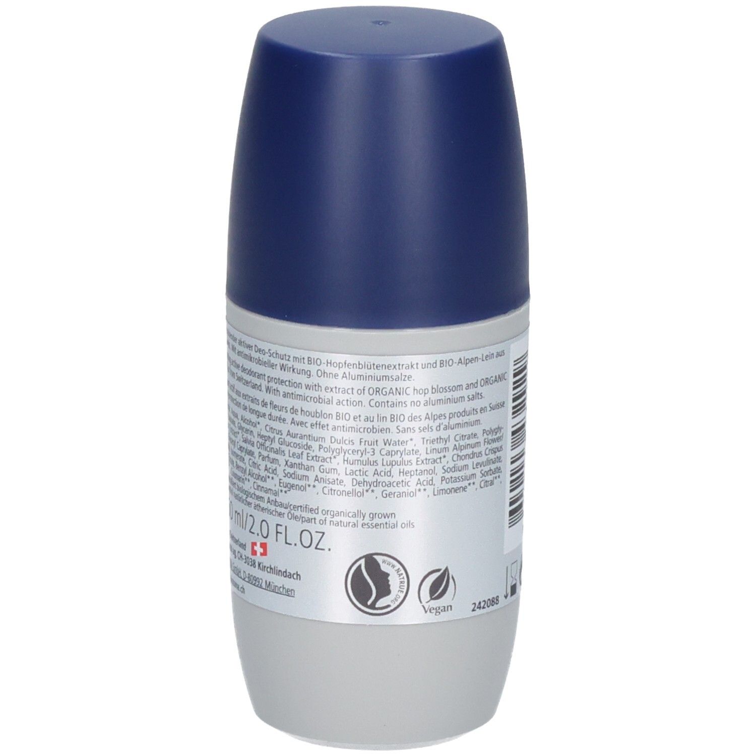 Dos du BIOKOSMA MEN Deo-Roll-On avec ingrédients, sceaux et volume.