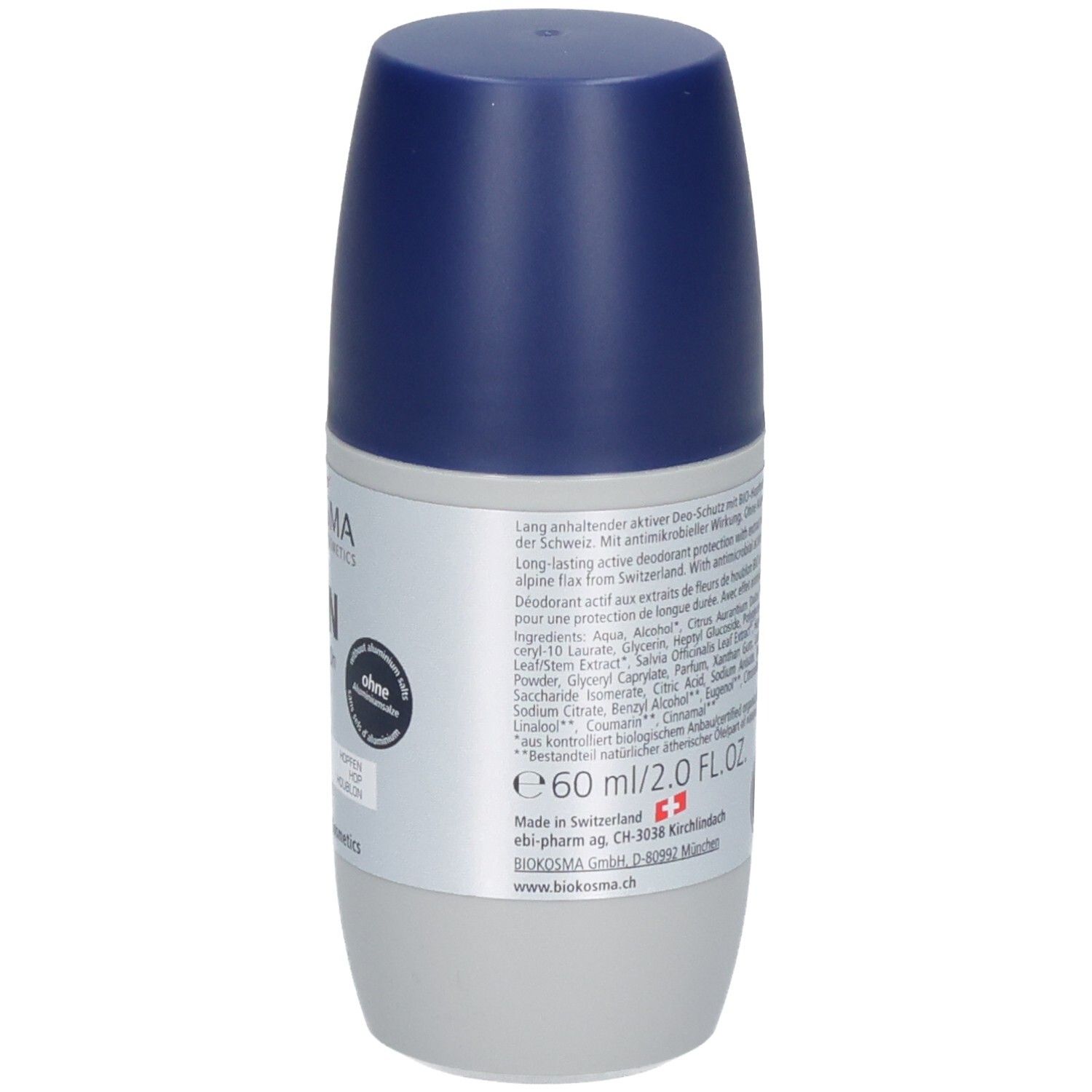 BIOKOSMA MEN Deo-Roll-On 60ml. Lin des Alpes et houblon. Fabriqué en Suisse.