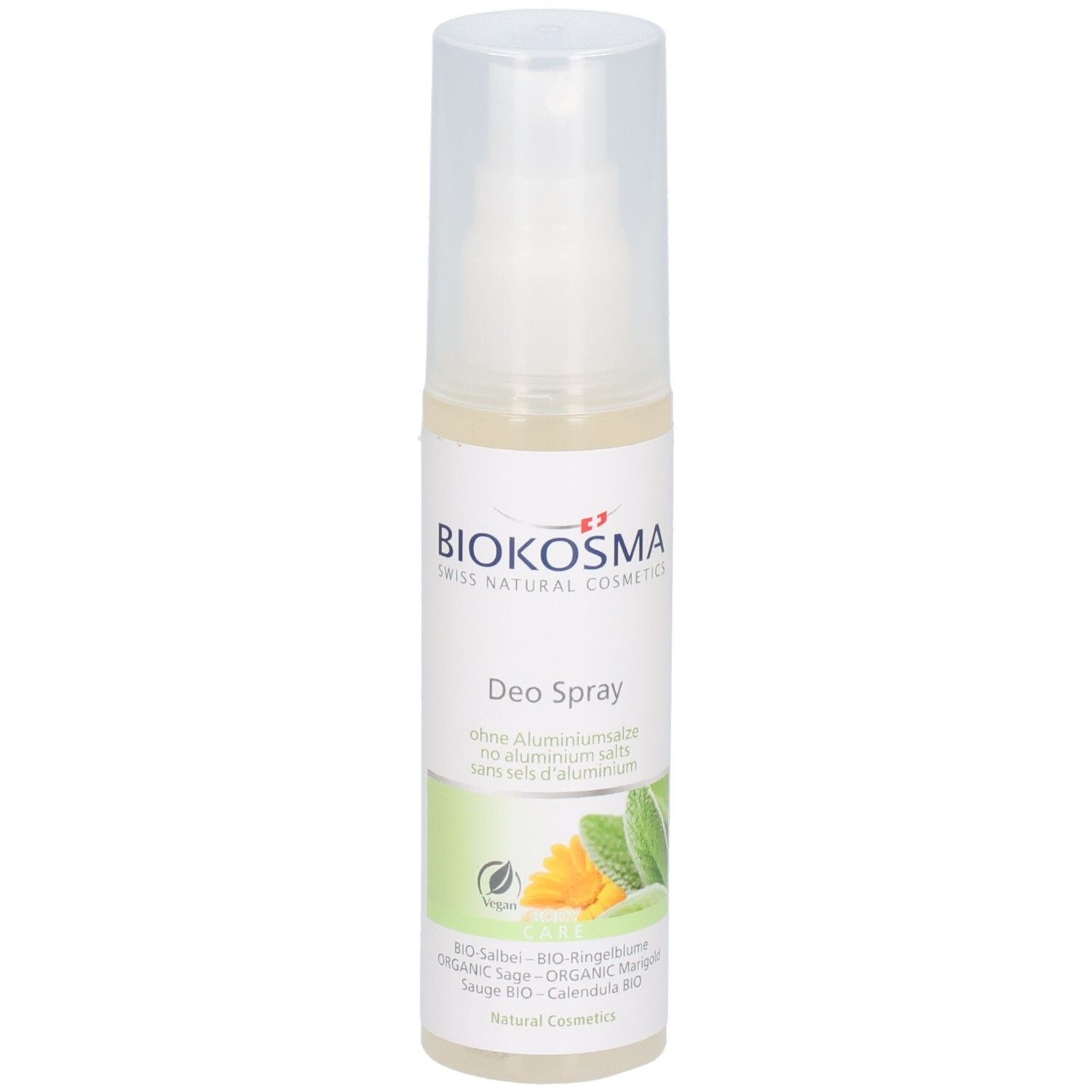 Biokosma Deo Spray in einem transparenten Pumpspender. Ohne Aluminiumsalze.