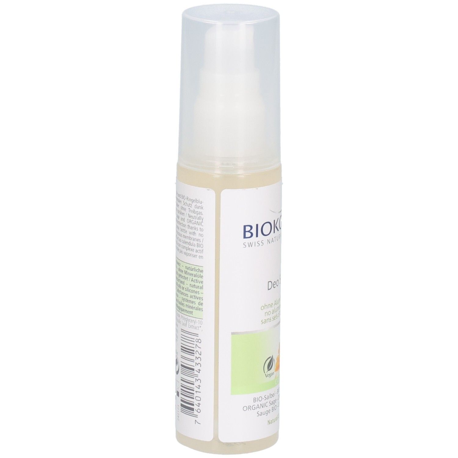 Biokosma Deodorant Spray mit Bio-Salbei und Bio-Zitronenmelisse. Transparente Flüssigkeit in weißer Sprühflasche mit Klarsichtkappe.