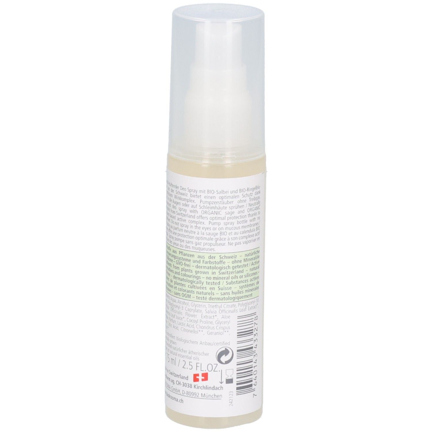 Pump-Sprühflasche mit klarem Inhalt und weißem Pumpaufsatz. Etikett mit Text und Barcode.