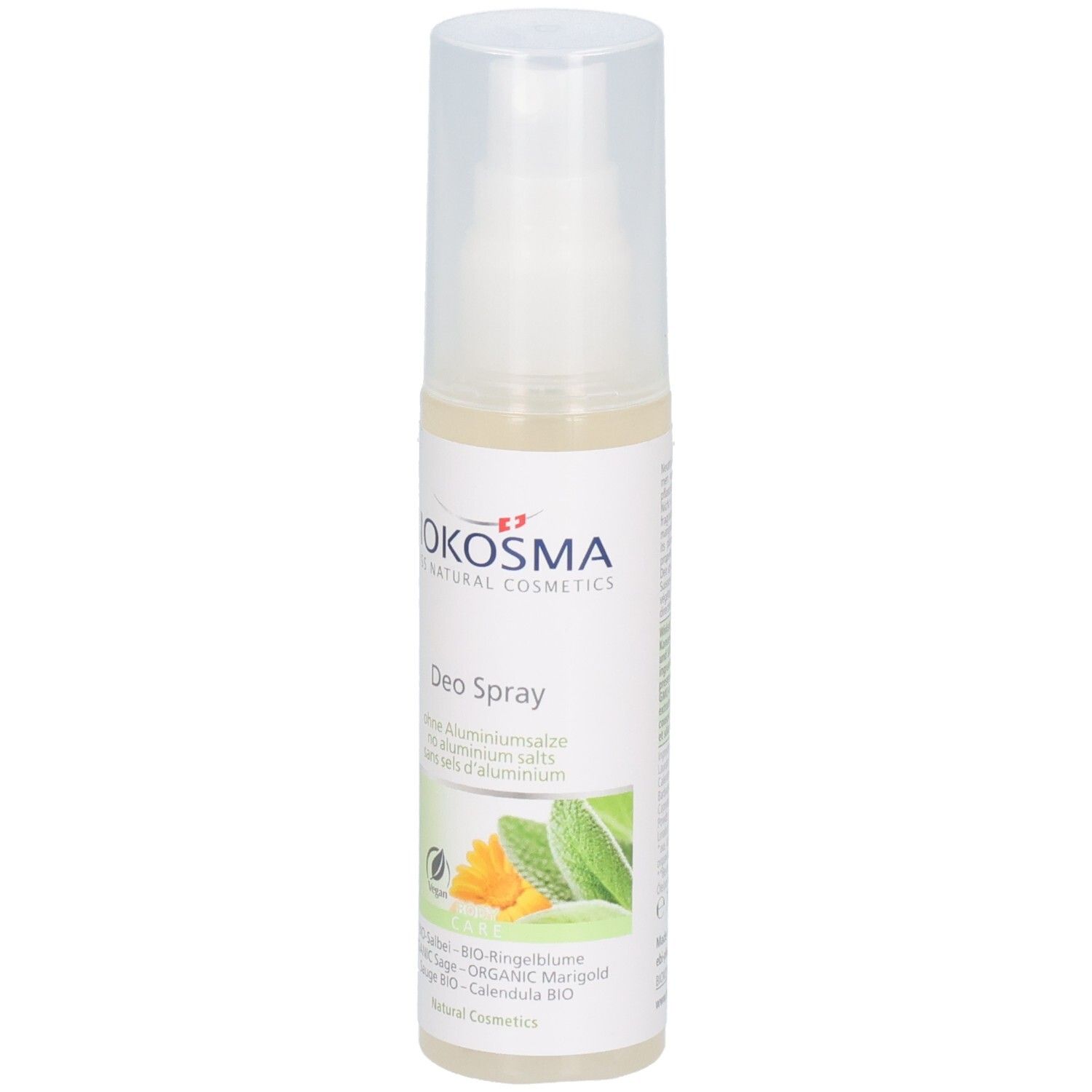 Okosma Deo Spray in weißer Flasche mit transparentem Sprühkopf. Enthält BIO Ringelblume und Salbei.