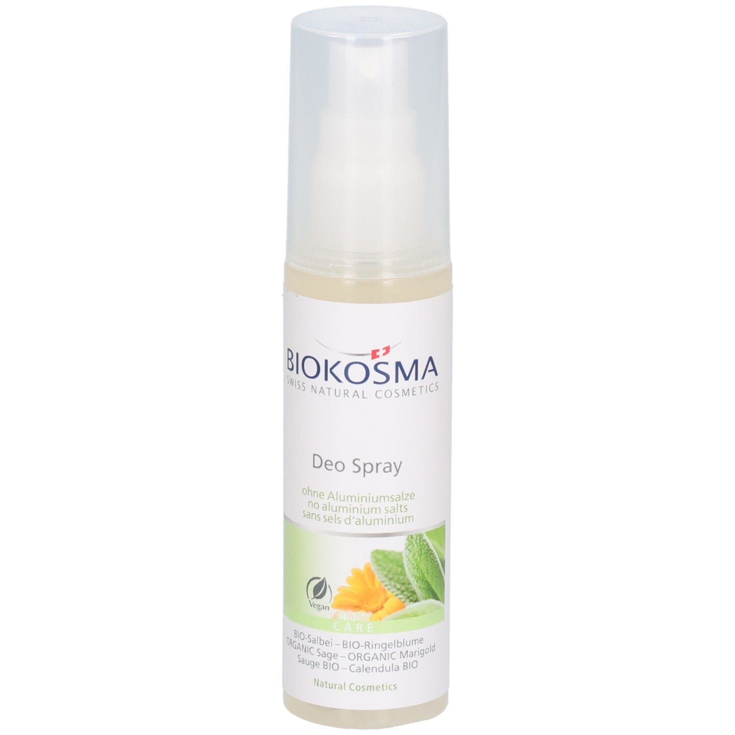 Biokosma Deo Spray in einer transparenten Sprühflasche mit weißem Verschluss. Ohne Aluminiumsalze.