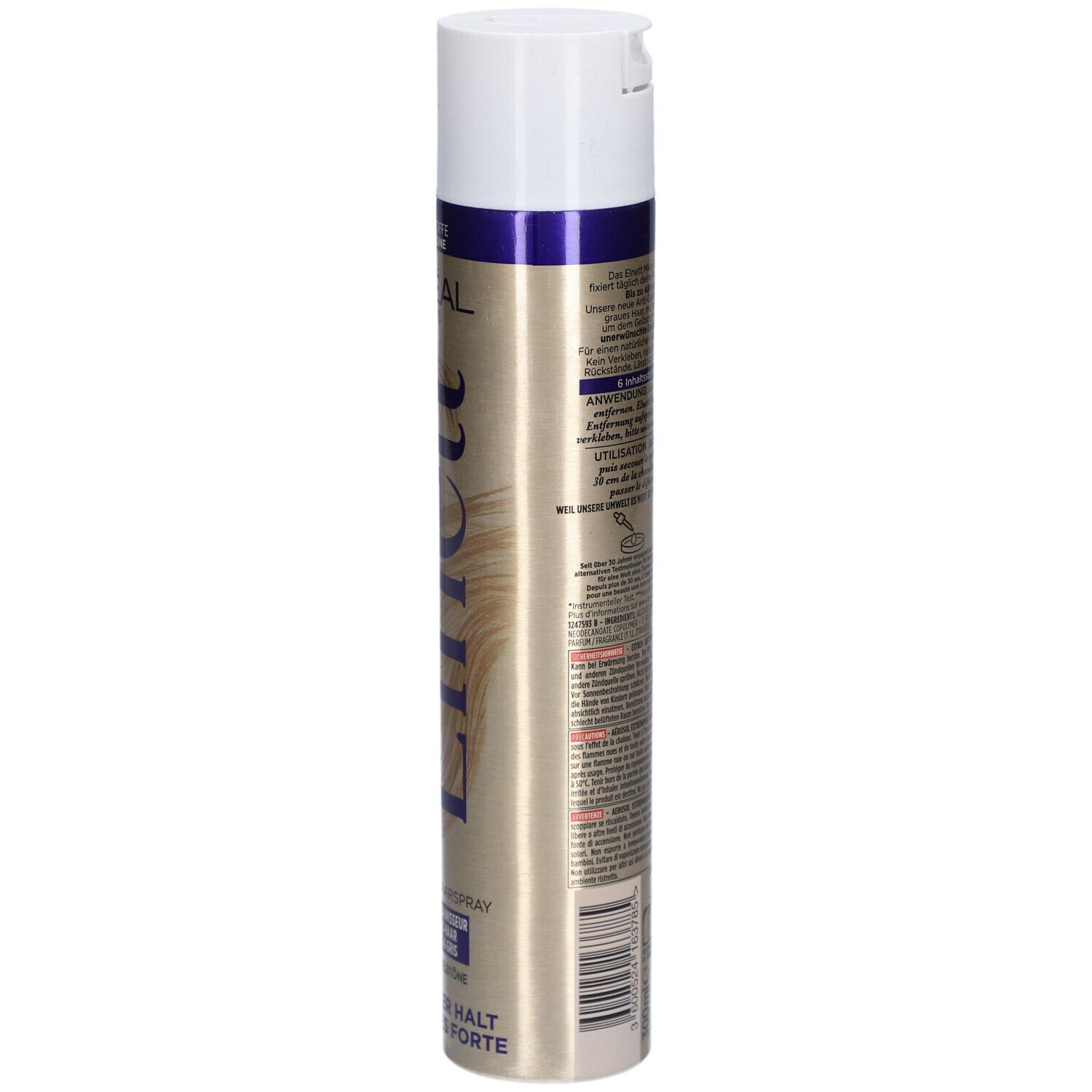 Haarspray-Dose, goldfarben. L'Oréal Paris Elnett. Rückseite mit Text. Weißer Deckel, blauer Streifen.