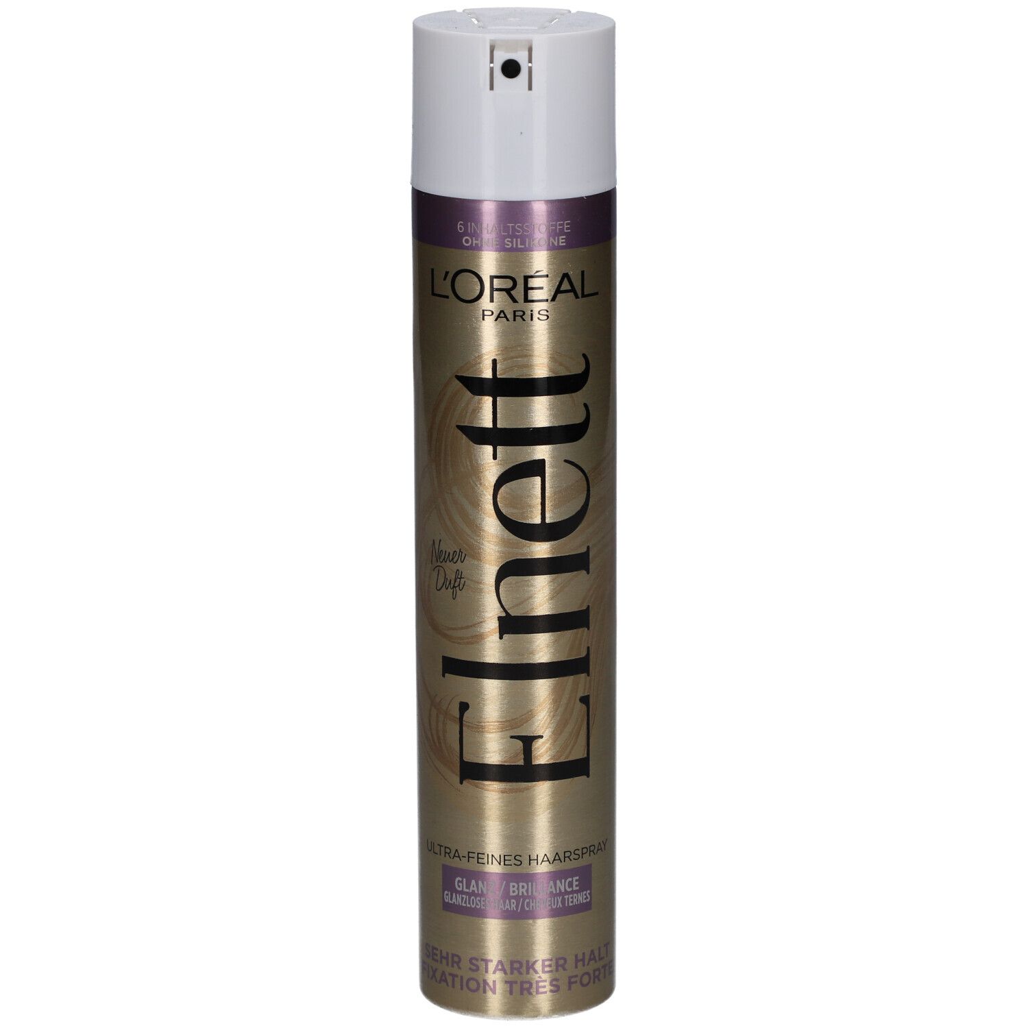 Haarspray-Dose, goldfarben mit weißem Deckel. Schriftzug Elnett, L'Oréal Paris. Ultra-feines Haarspray.