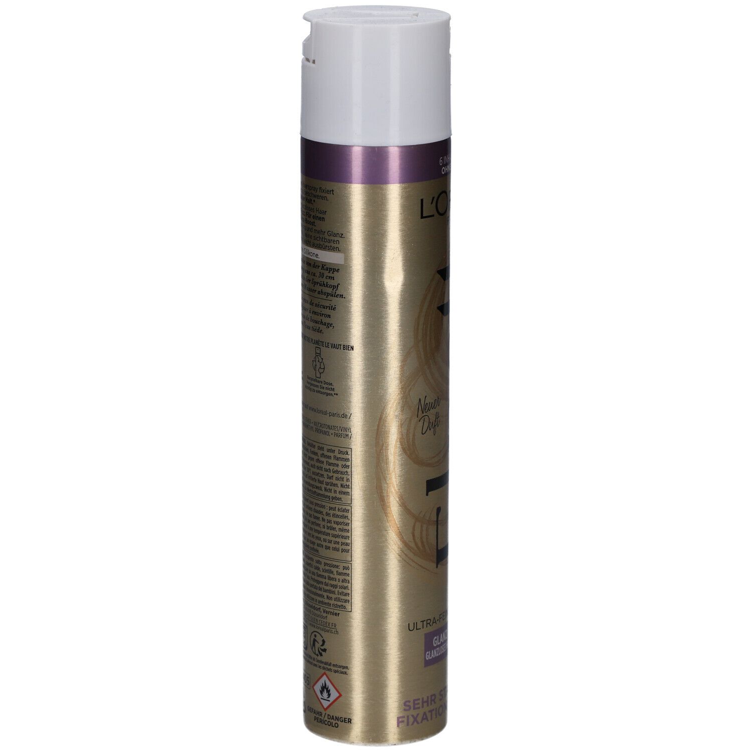 Haarspray-Dose, goldfarben mit weißem Deckel. Rückseite mit Text. L'Oréal Paris, Elnett.
