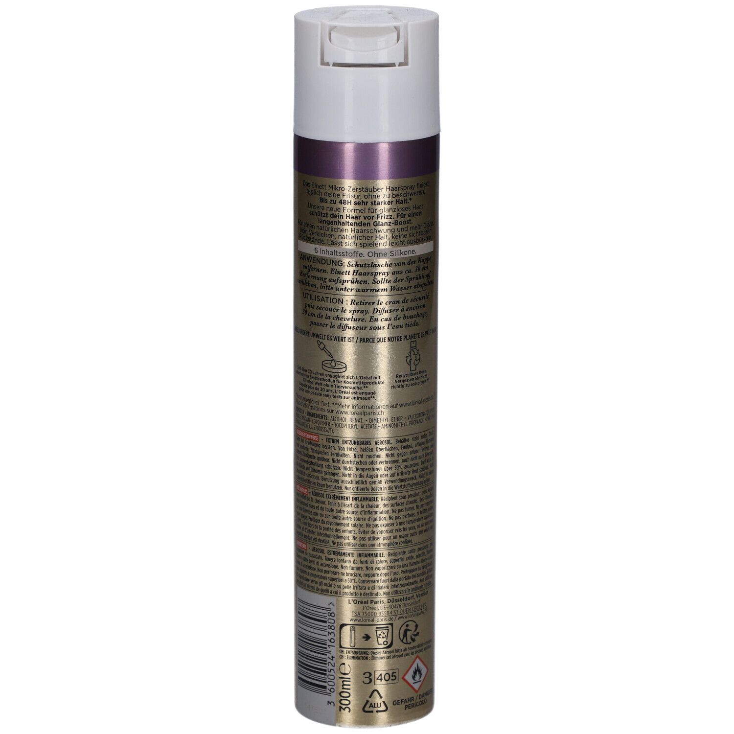 Haarspray-Dose, goldfarben mit weißem Deckel. Rückseite mit Text. L'Oréal Paris, Elnett.
