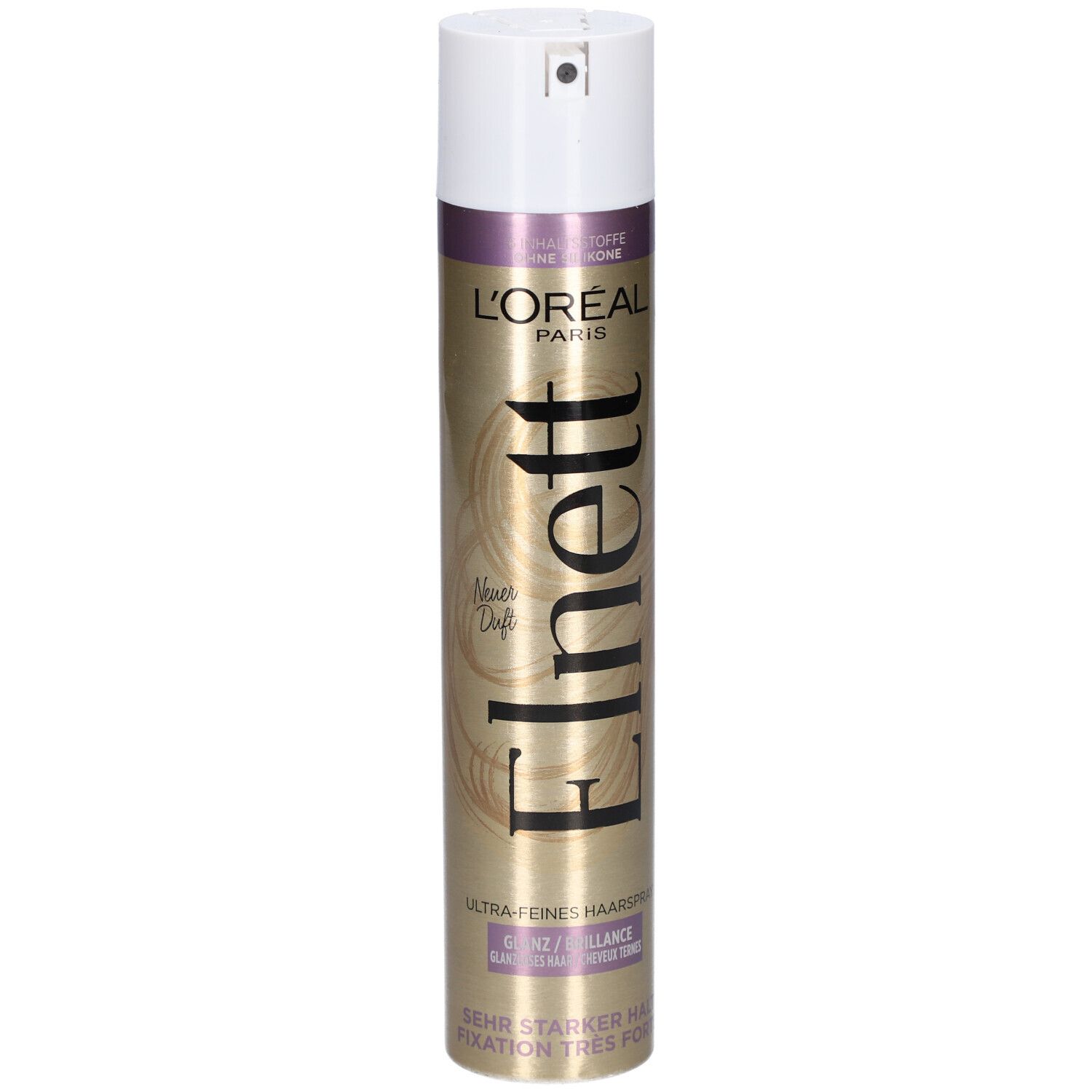 Haarspray-Dose, goldfarben mit weißem Deckel. Schriftzug Elnett, L'Oréal Paris. Ultra-feines Haarspray.