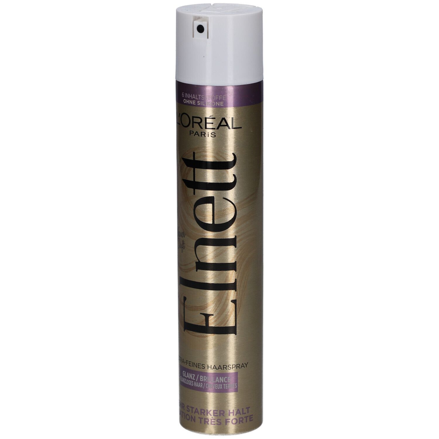 Haarspray-Dose, goldfarben mit weißem Deckel. Schriftzug Elnett, L'Oréal Paris. Ultra-feines Haarspray.