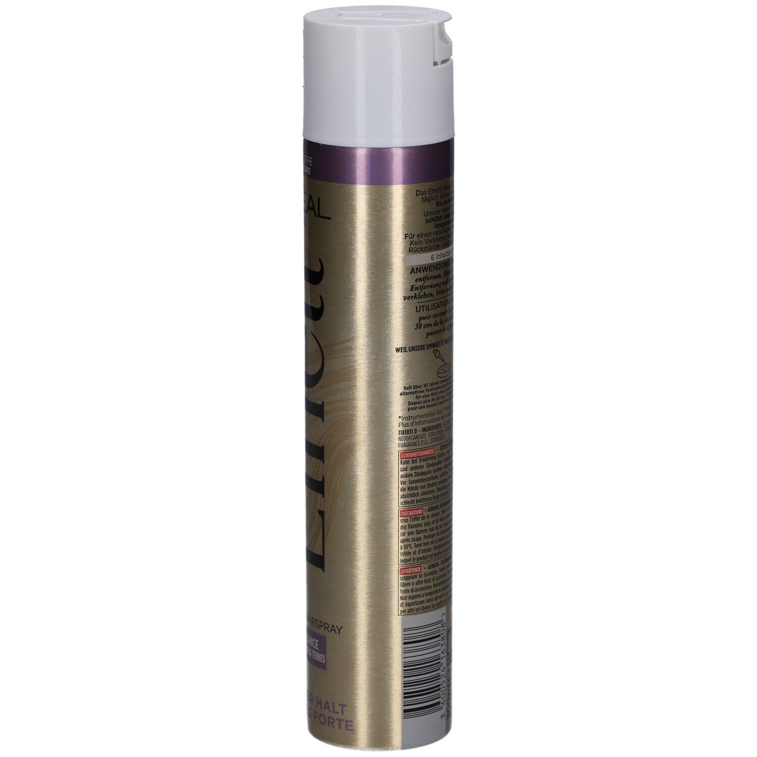 Haarspray-Dose, goldfarben mit weißem Deckel. Rückseite mit Text. L'Oréal Paris, Elnett.