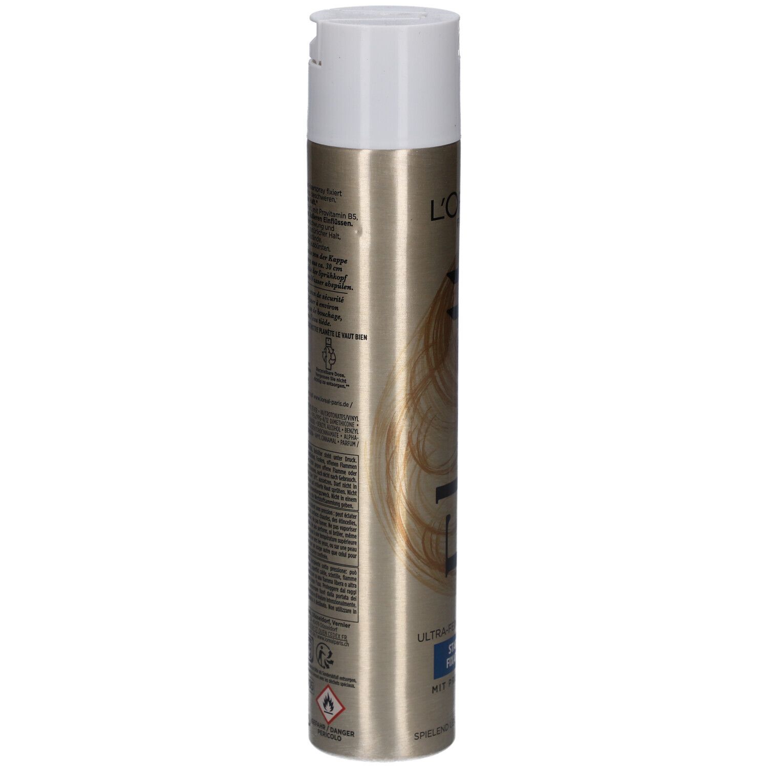 Haarspray-Dose, goldfarben mit weißem Deckel. Rückseite mit Text und Warnhinweisen. L'Oréal Paris Elnett.