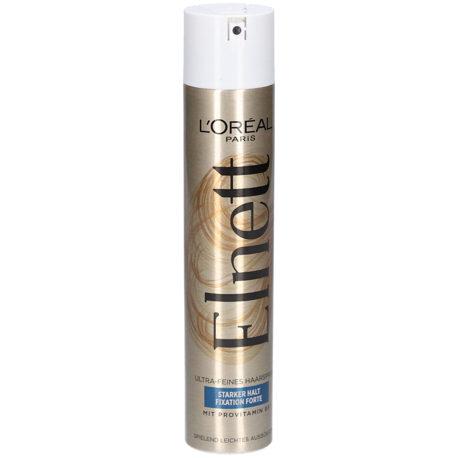 Haarspray-Dose, goldfarben mit weißem Deckel. L'Oréal Paris Elnett Schriftzug. Text: Starker Halt, Fixation Forte, mit Provitamin B5.