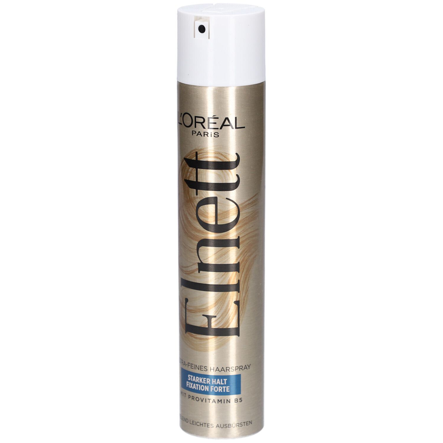 Haarspray-Dose, goldfarben mit weißem Deckel. L'Oréal Paris Elnett Schriftzug. Text: Starker Halt, Fixation Forte, mit Provitamin B5.