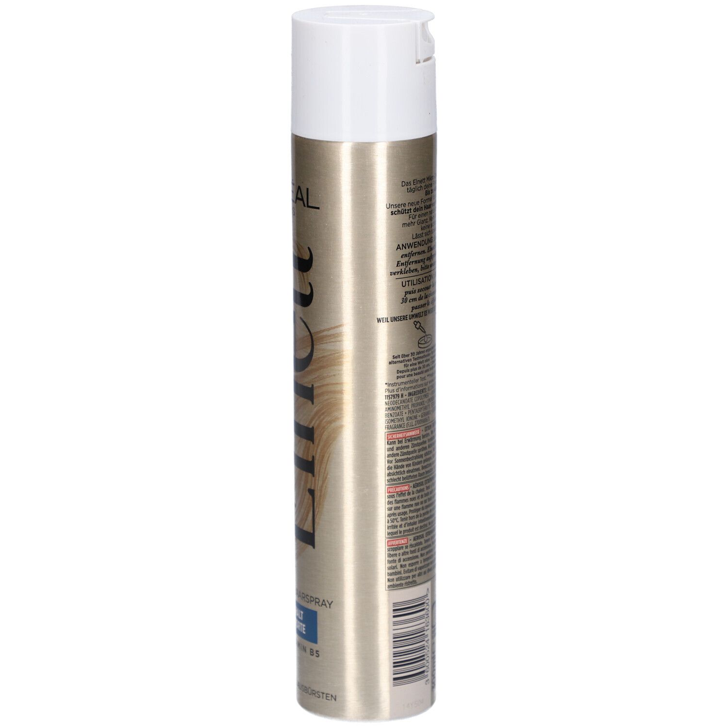 Haarspray-Dose, goldfarben mit weißem Deckel. Rückseite mit Text. L'Oréal Paris Elnett.