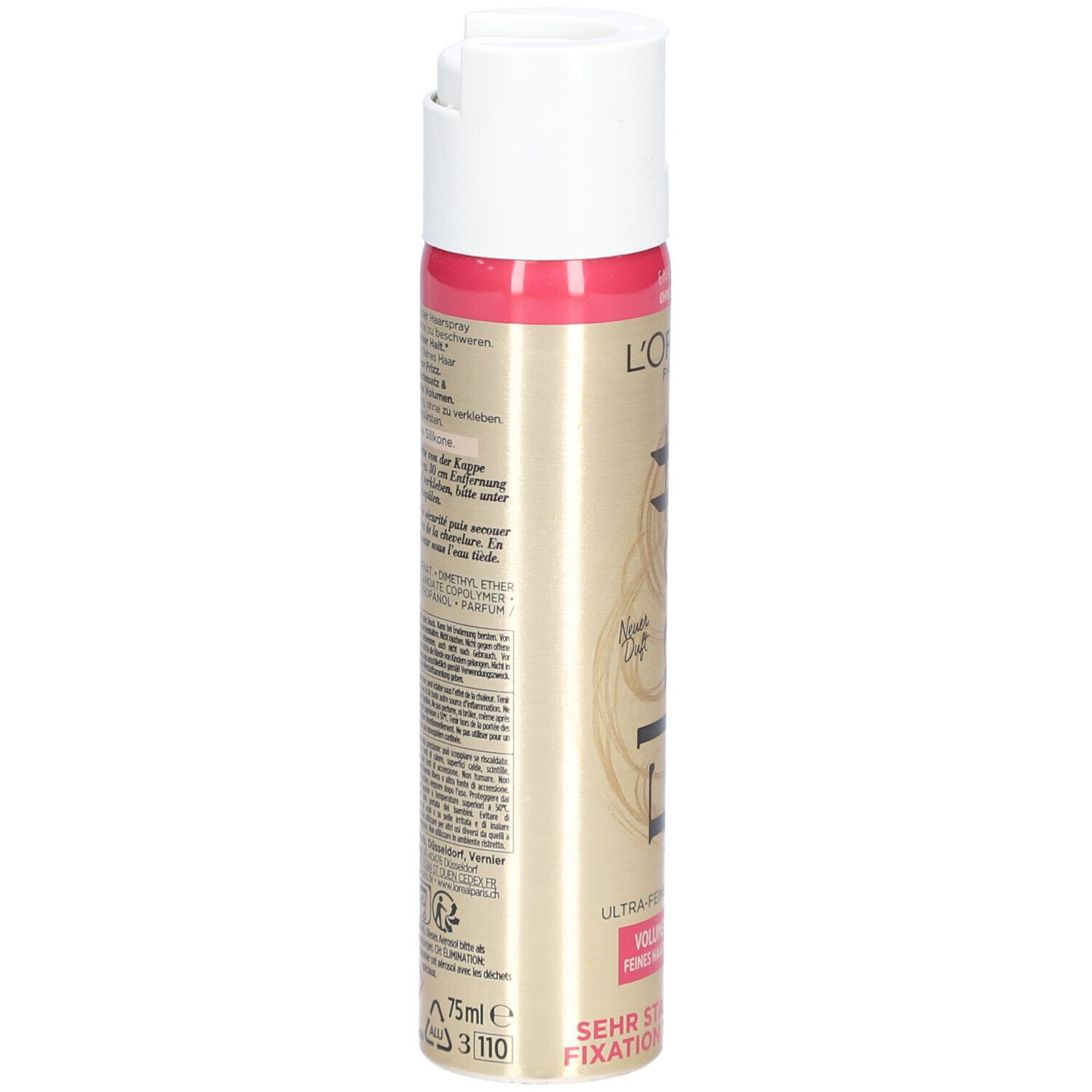 Vue latérale d'une bombe de laque. Texte: L'Oréal Paris Elnett, Volume pour cheveux plats. Ingrédients et avertissements.