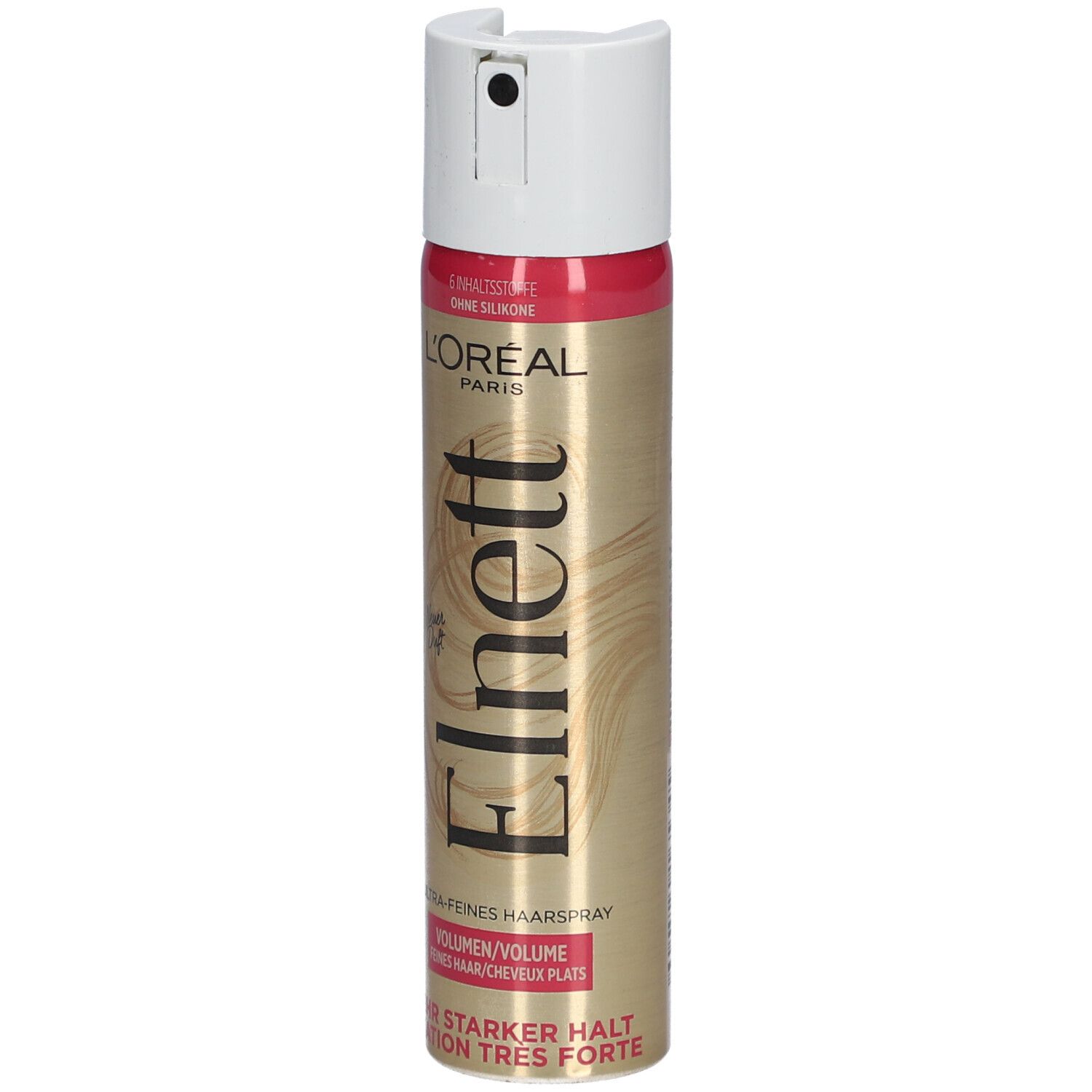 Bombe de laque avec tête blanche. Inscription dorée: L'Oréal Paris Elnett, Volume pour cheveux plats.