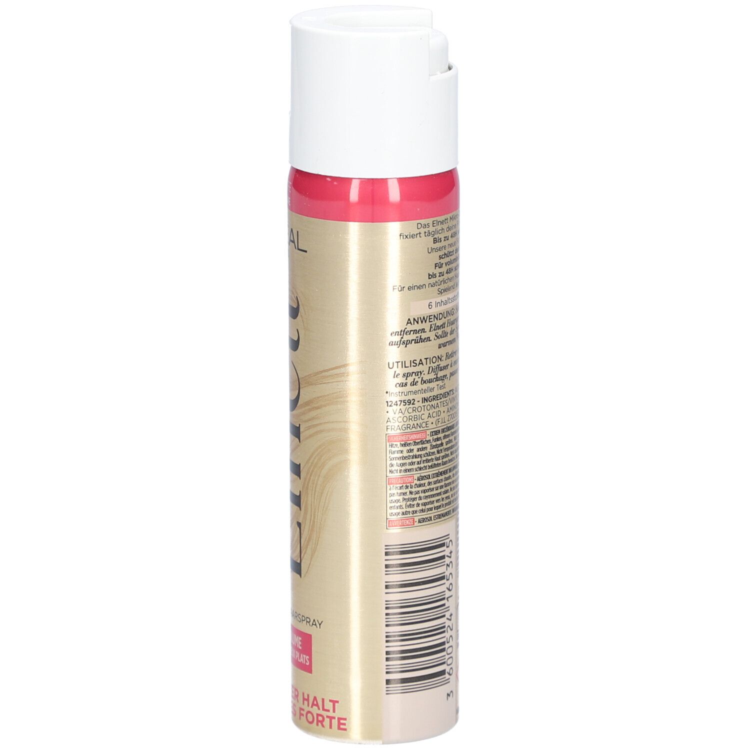 Vue latérale d'une bombe de laque. Texte: L'Oréal Paris Elnett, Volume pour cheveux plats. Ingrédients et avertissements.