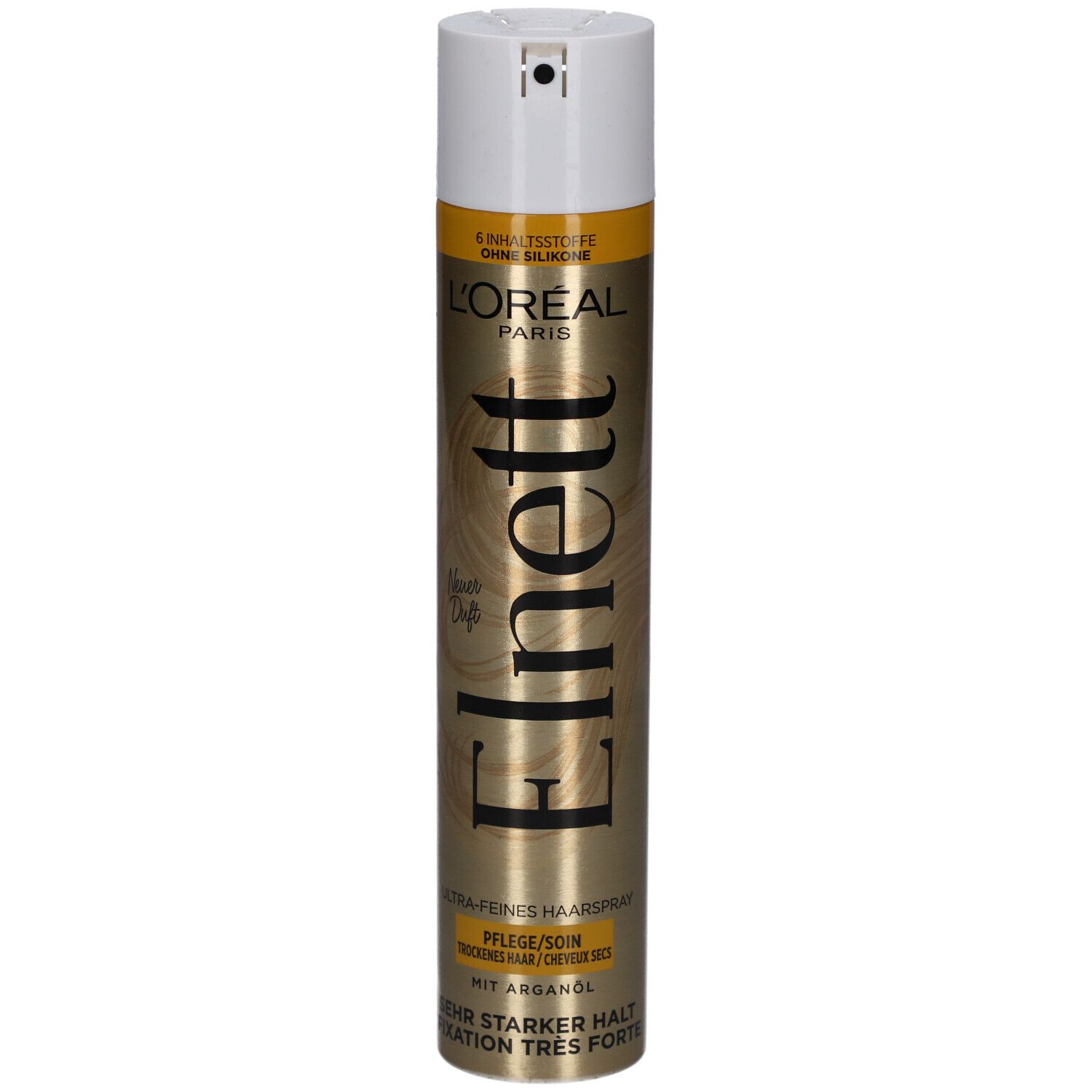 Haarspray L'Oréal Paris Elnett, goldene Dose, weißer Sprühkopf. Text: Sehr starker Halt, Trockenes Haar.