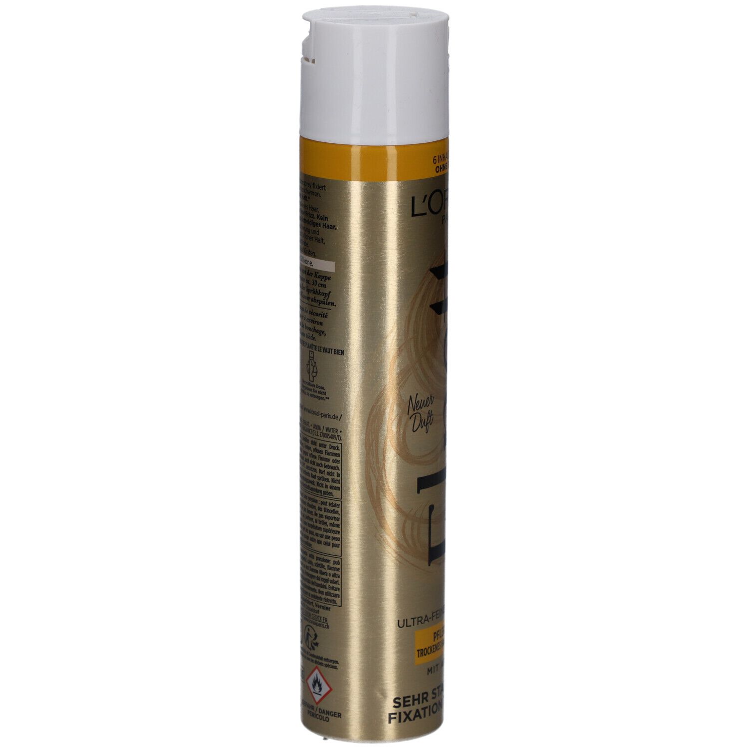 Haarspray L'Oréal Paris Elnett, goldene Dose, weißer Sprühkopf. Rückseite mit Text und Warnhinweisen.