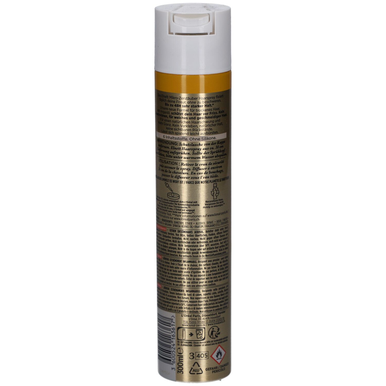 Haarspray L'Oréal Paris Elnett, goldene Dose, weißer Sprühkopf. Rückseite mit Text und Warnhinweisen.