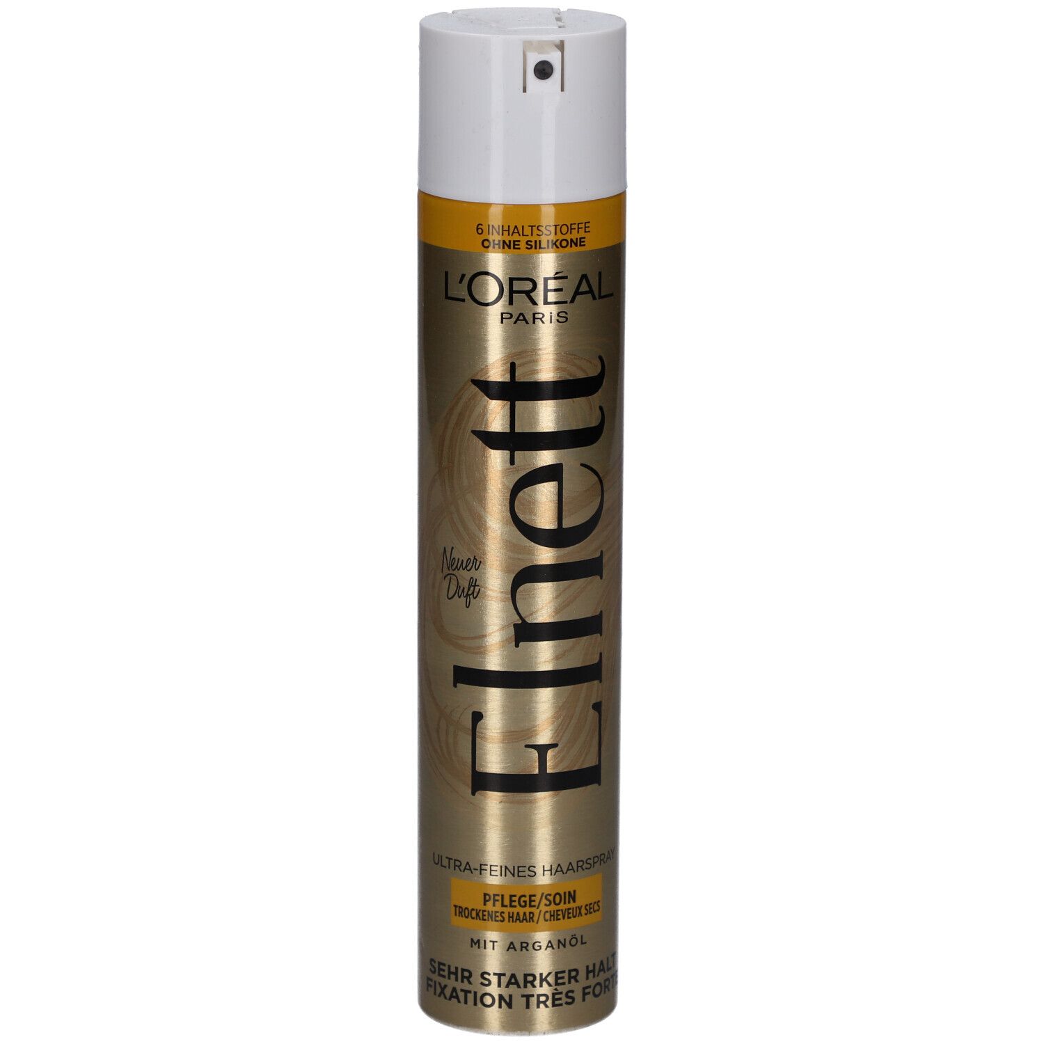 Haarspray L'Oréal Paris Elnett, goldene Dose, weißer Sprühkopf. Text: Sehr starker Halt, Trockenes Haar.