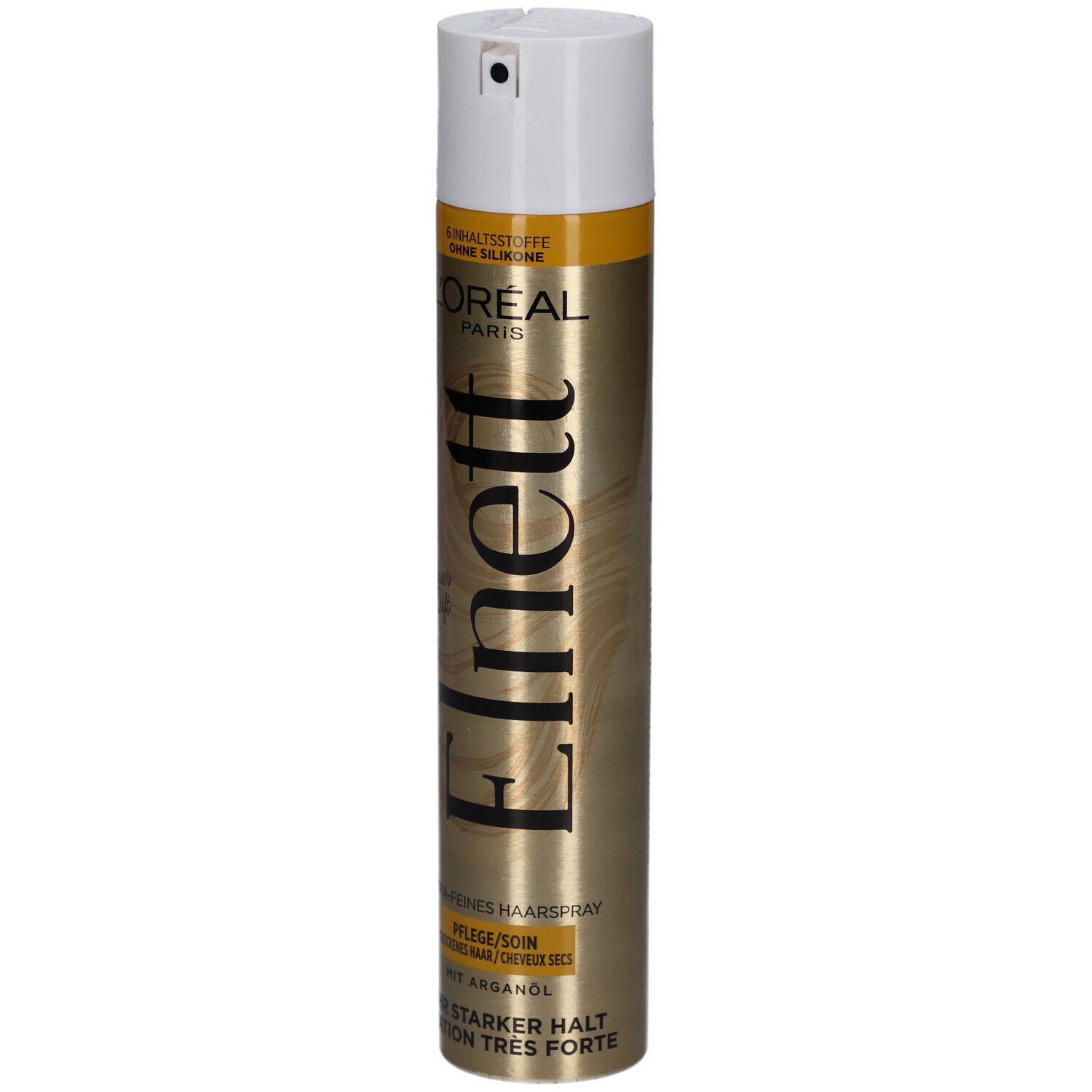 Haarspray L'Oréal Paris Elnett, goldene Dose, weißer Sprühkopf. Text: Sehr starker Halt, Trockenes Haar.
