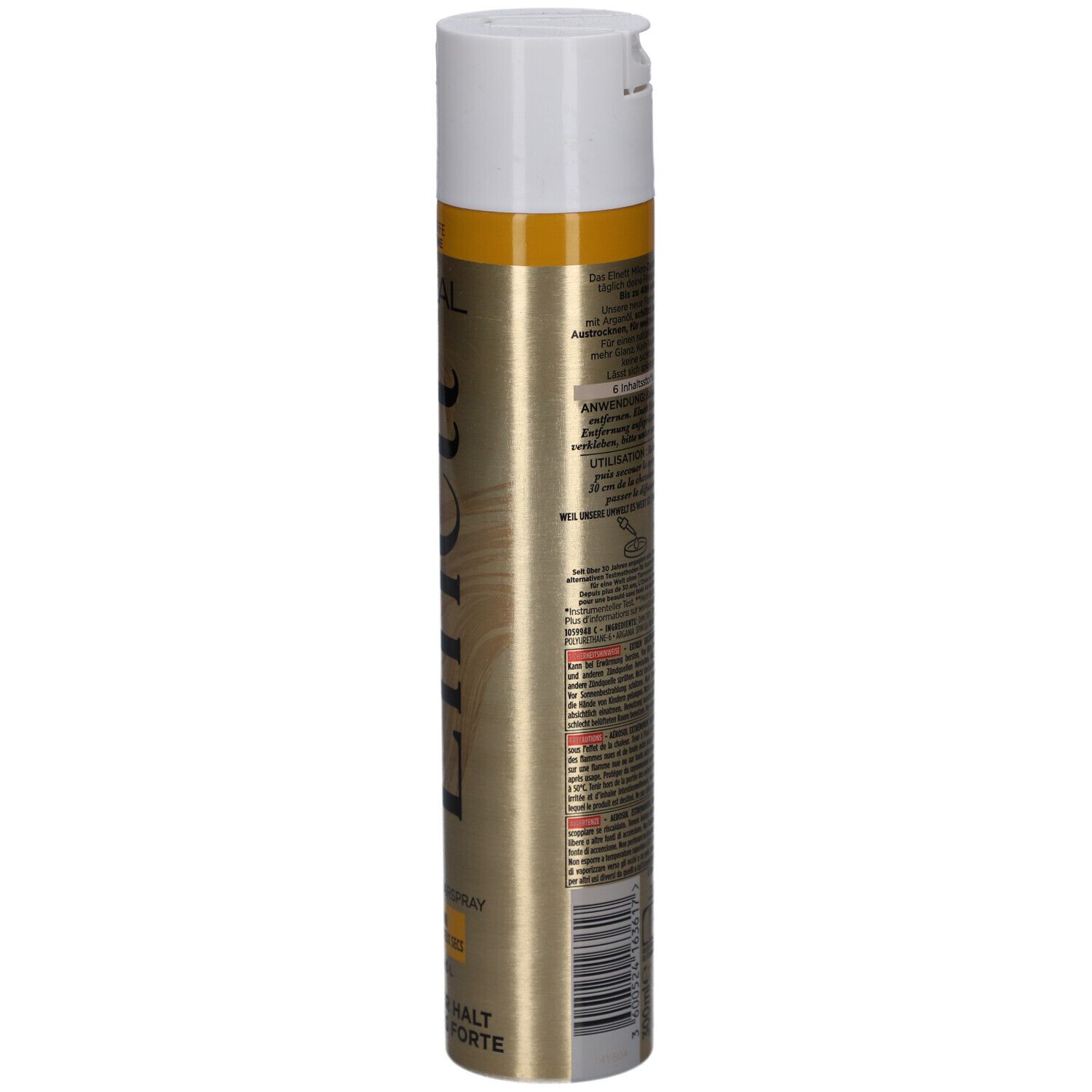 Haarspray L'Oréal Paris Elnett, goldene Dose, weißer Sprühkopf. Rückseite mit Text und Warnhinweisen.