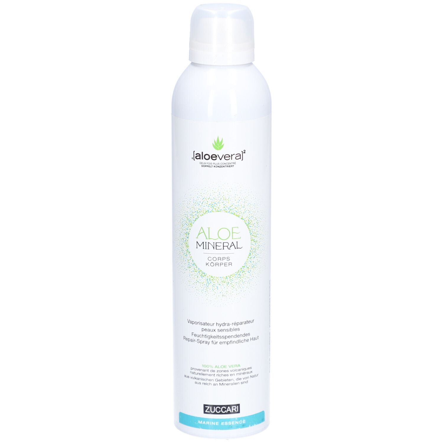 Weiße Sprühflasche mit grünem Logo und Text. "Aloe Mineral Corps" und "Zuccari Marine Fragrance" sind sichtbar.