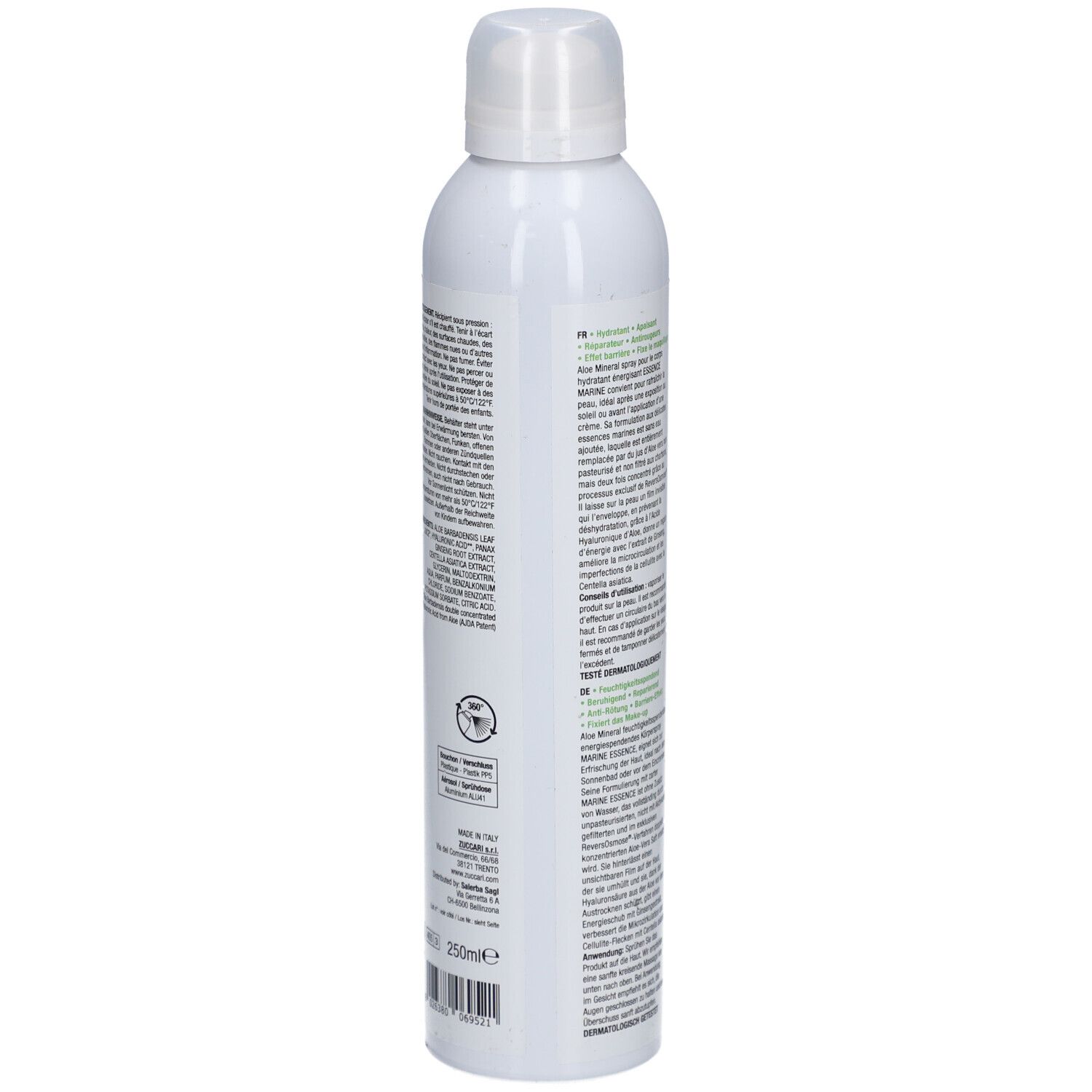 Weiße Sprühflasche, Rückansicht mit Text. Produktinformationen, Inhaltsstoffe und Logos sind sichtbar.