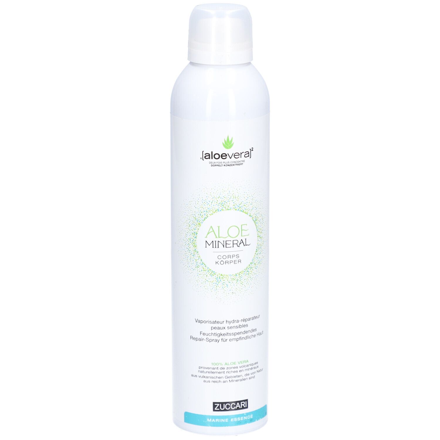 Weiße Sprühflasche mit grünem Logo und Text. "Aloe Mineral Corps" und "Zuccari Marine Fragrance" sind sichtbar.