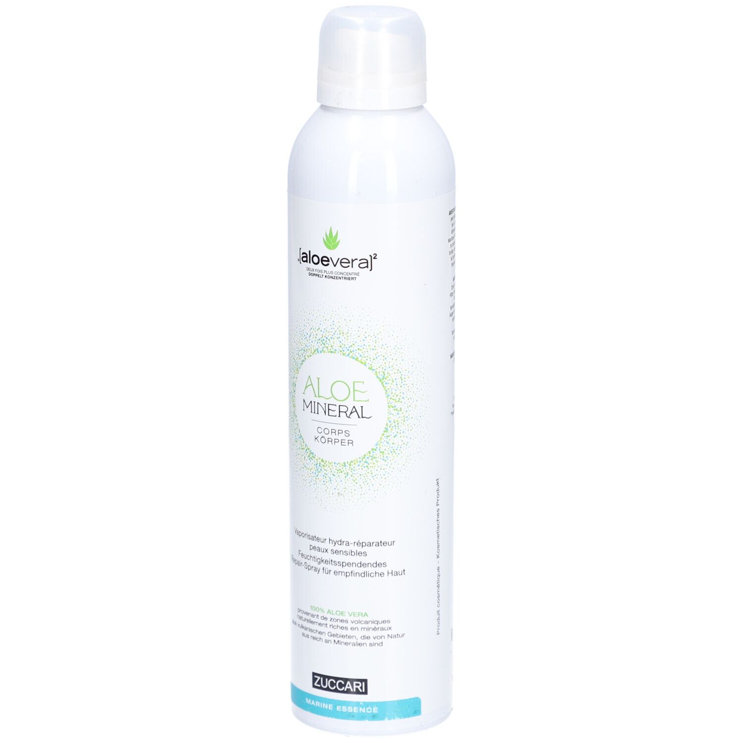 Weiße Sprühflasche mit grünem Logo und Text. "Aloe Mineral Corps" und "Zuccari Marine Fragrance" sind sichtbar.