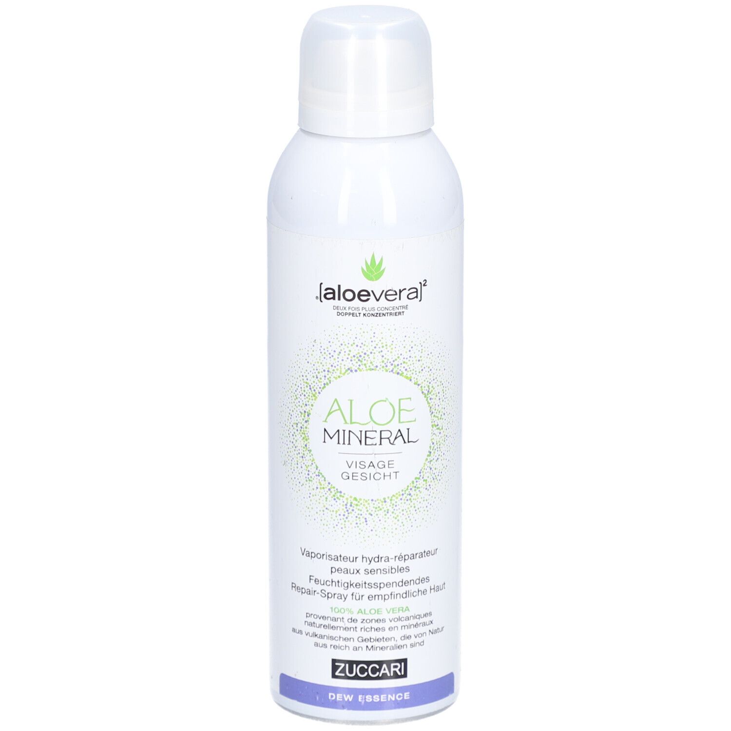 Weiße Sprühflasche mit grünem Logo und Schriftzug. Produktname: Aloe Mineral Visage Gesicht. Zuccari-Logo unten.