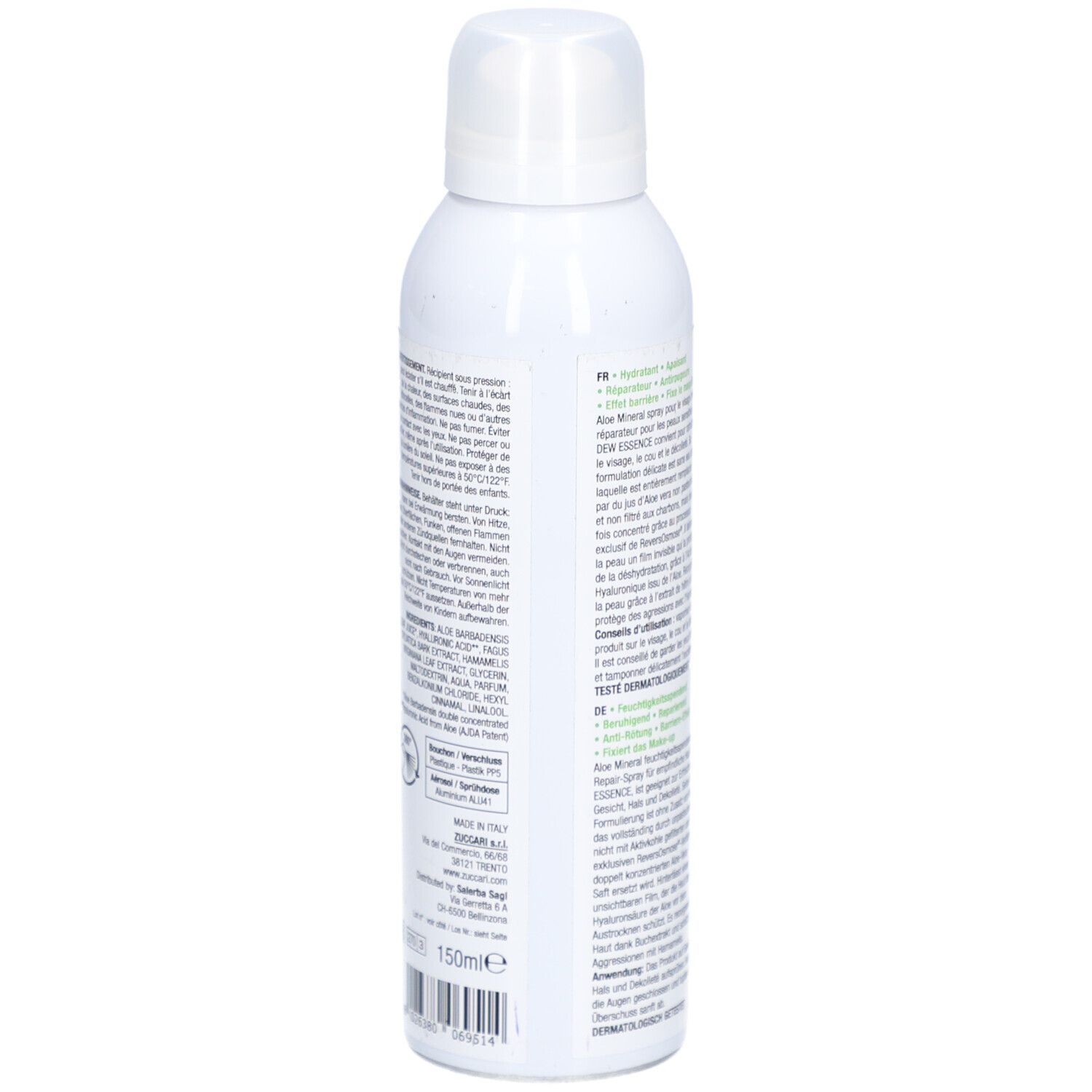 Weiße Sprühflasche, Seitenansicht. Text in mehreren Sprachen. Produktinformationen und Inhaltsstoffe.