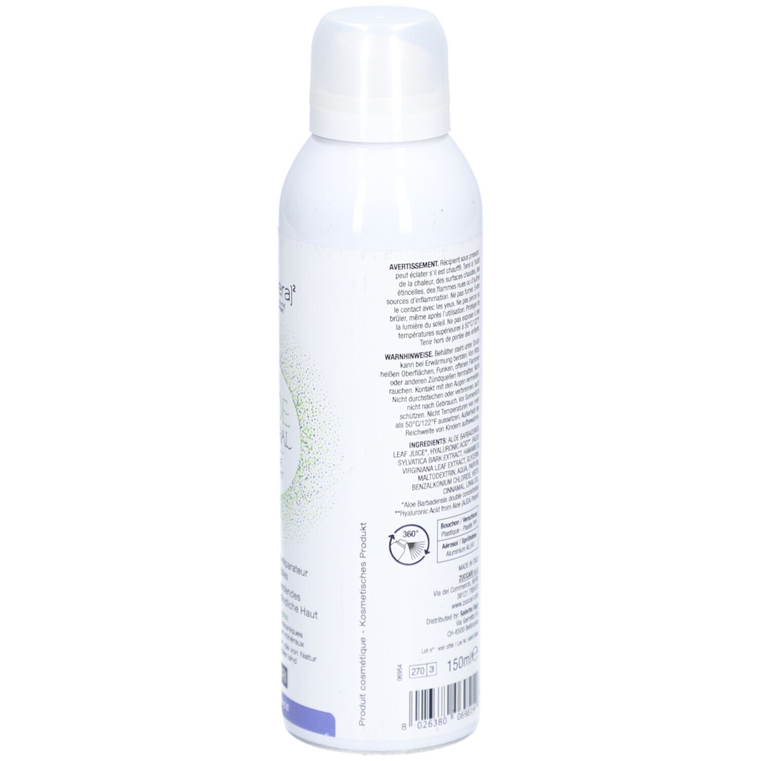 Weiße Sprühflasche, Seitenansicht. Text in mehreren Sprachen. Produktinformationen und Inhaltsstoffe.