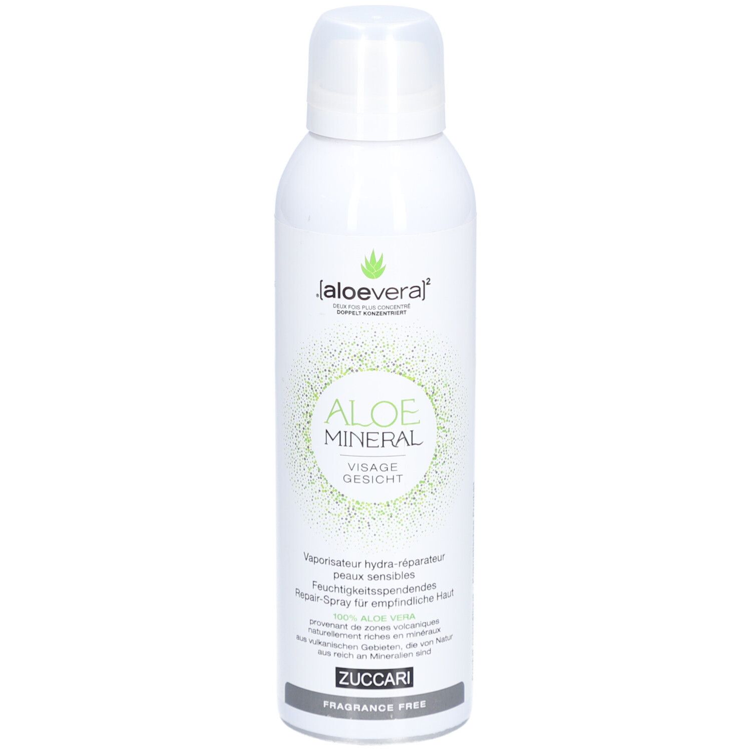 Flacon spray blanc avec logo vert et texte. Inscription: Aloe Mineral Visage Gesicht. Marque Zuccari. Sans parfum.