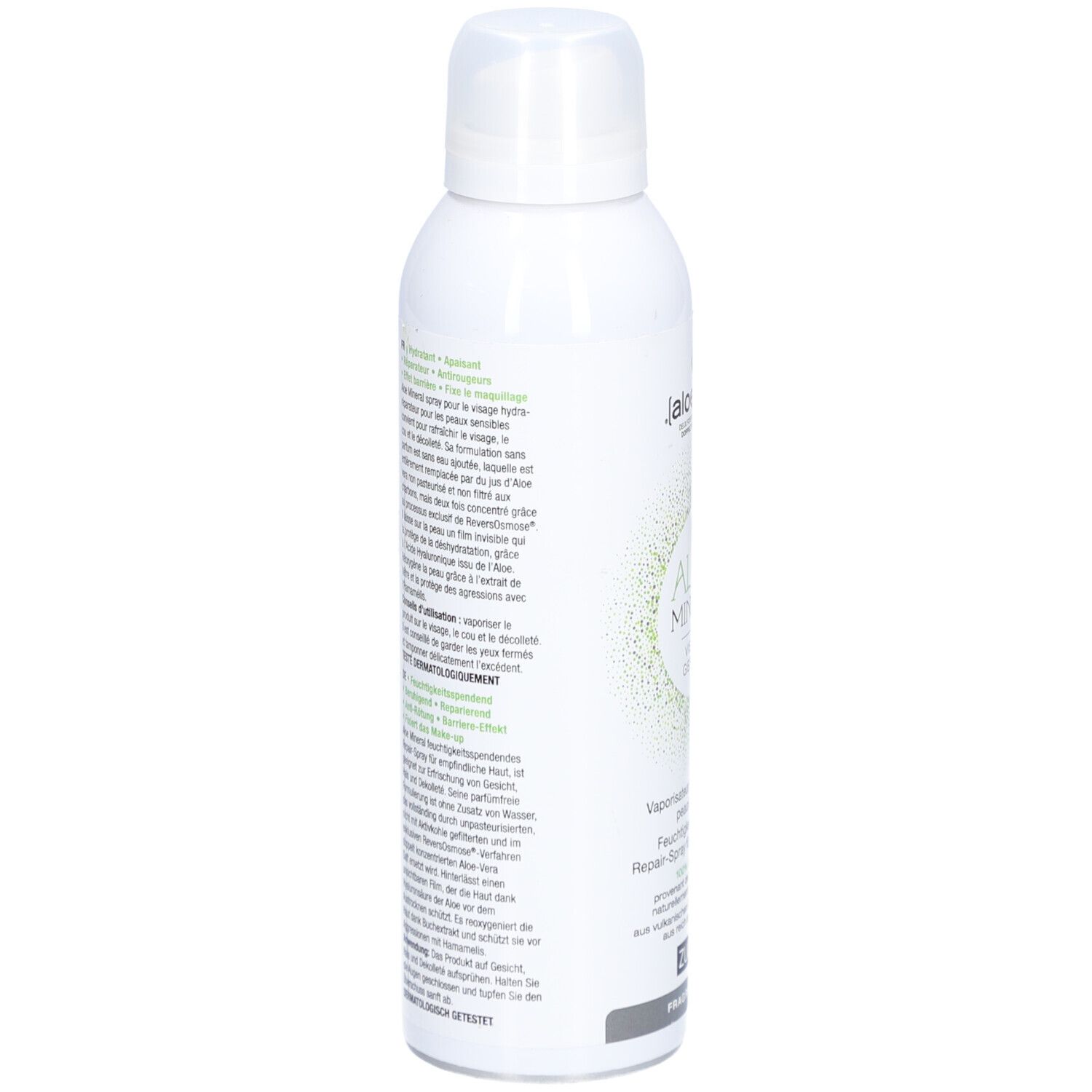 Flacon spray blanc, dos avec texte. Contient des informations sur les ingrédients et l'utilisation. Marque Zuccari.