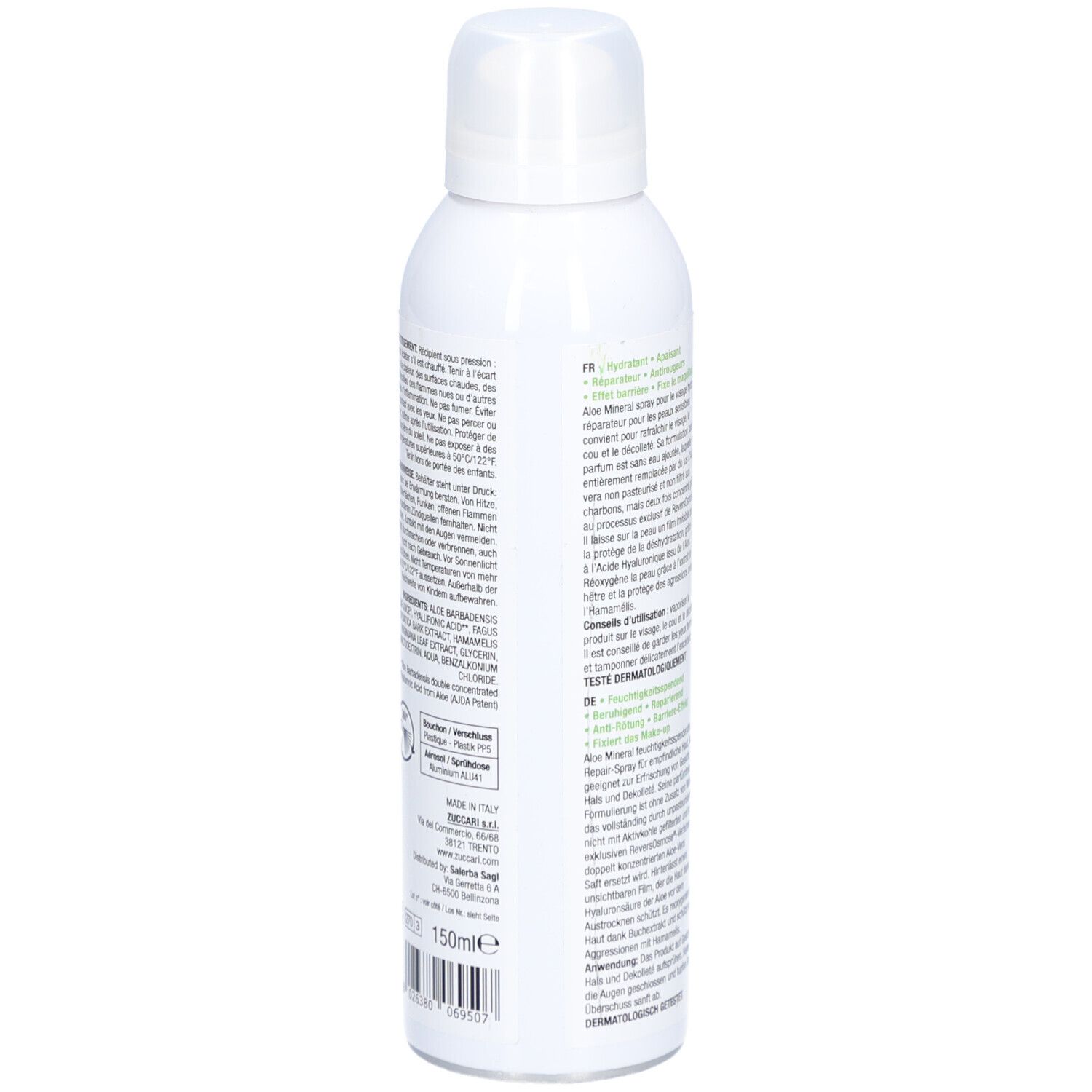 Flacon spray blanc, dos avec texte. Contient des informations sur les ingrédients et l'utilisation. Marque Zuccari.