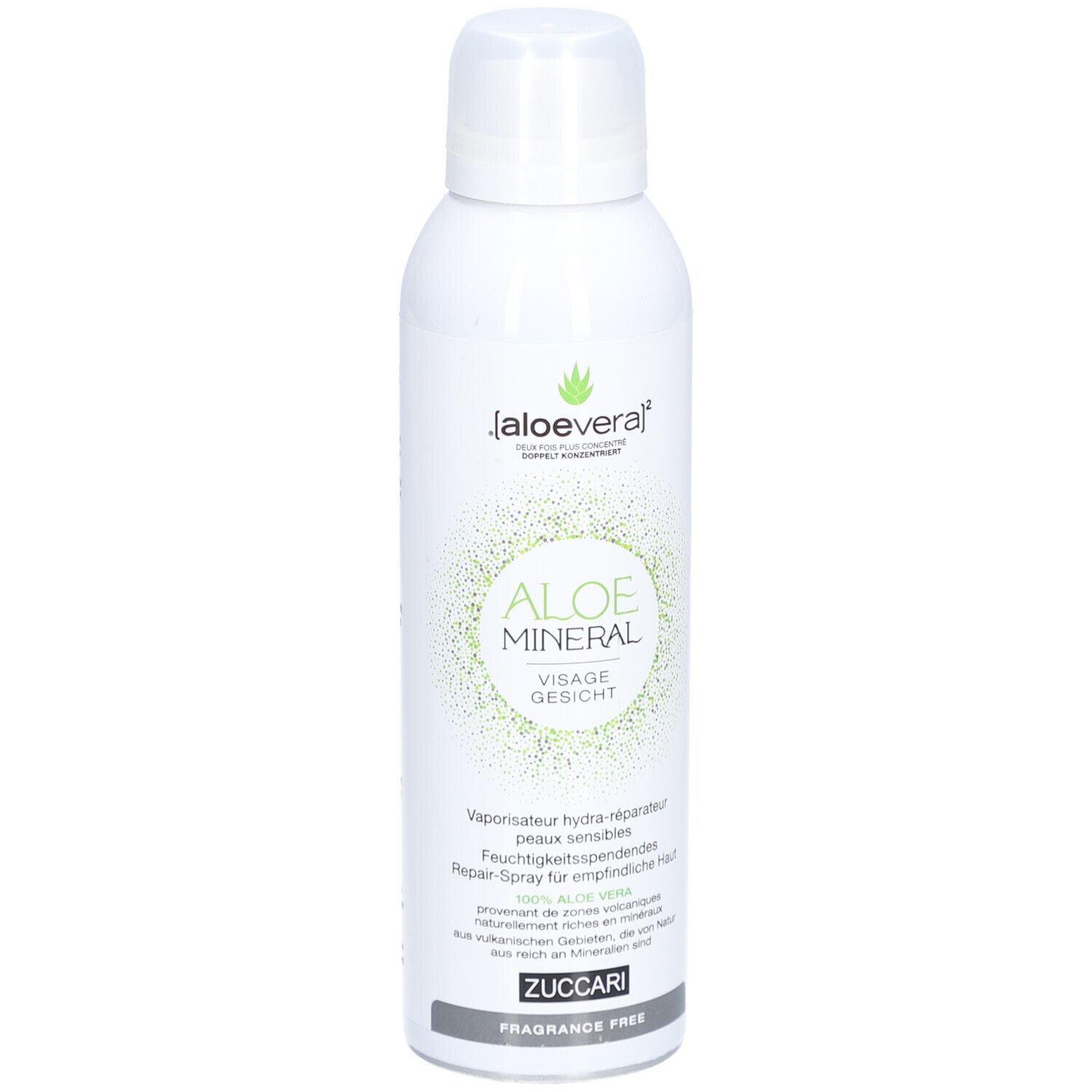 Flacon spray blanc avec logo vert et texte. Inscription: Aloe Mineral Visage Gesicht. Marque Zuccari. Sans parfum.